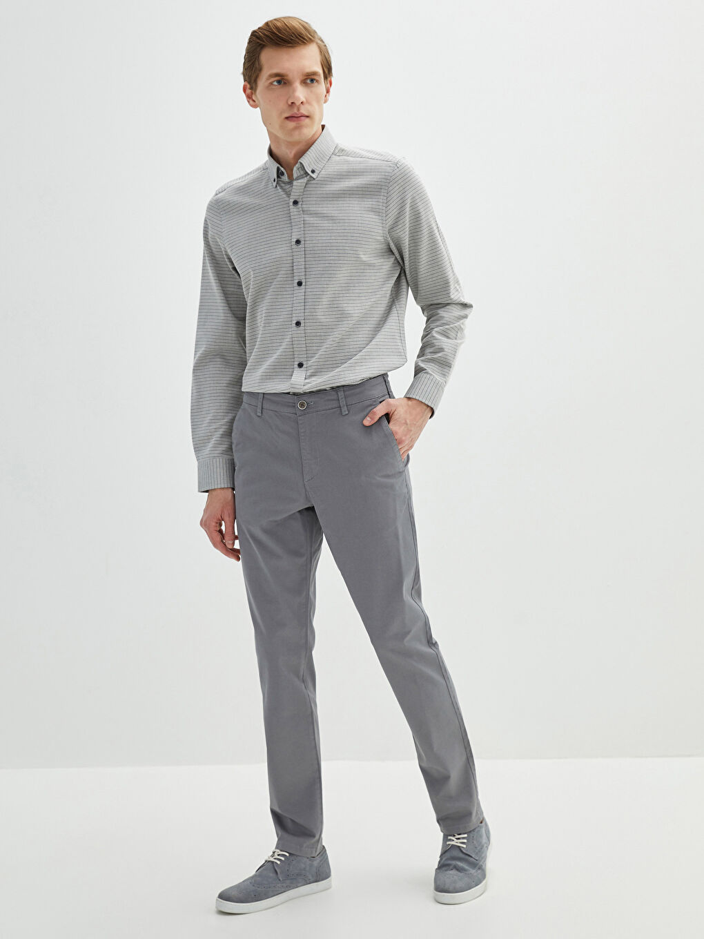 Gri Dar Kalıp Gabardin Erkek Chino Pantolon