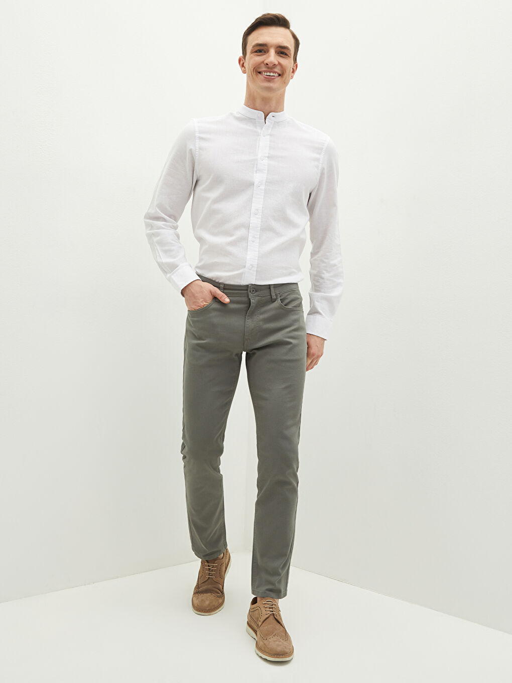 Gri Dar Kalıp Gabardin Erkek Chino Pantolon