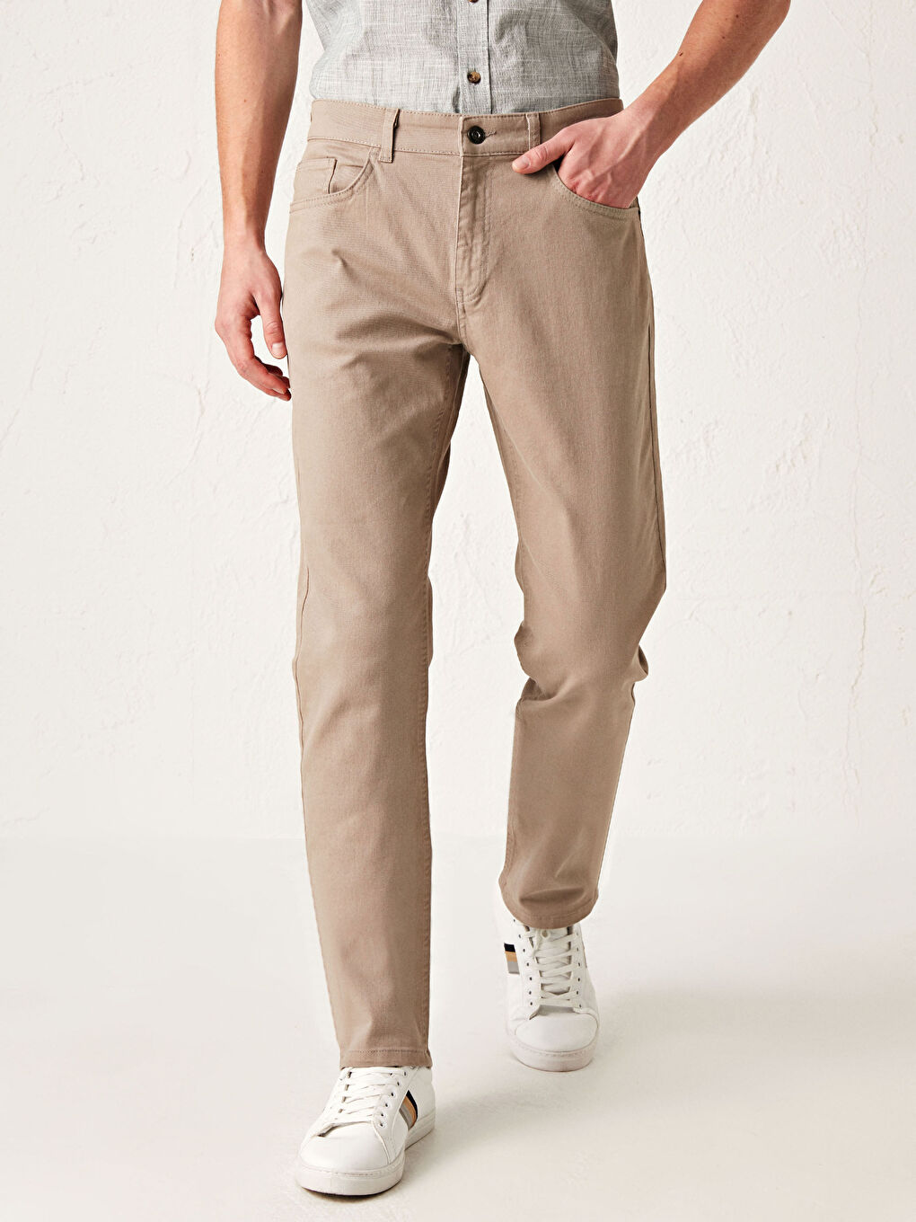 Bej Dar Kalıp Gabardin Chino Pantolon-3
