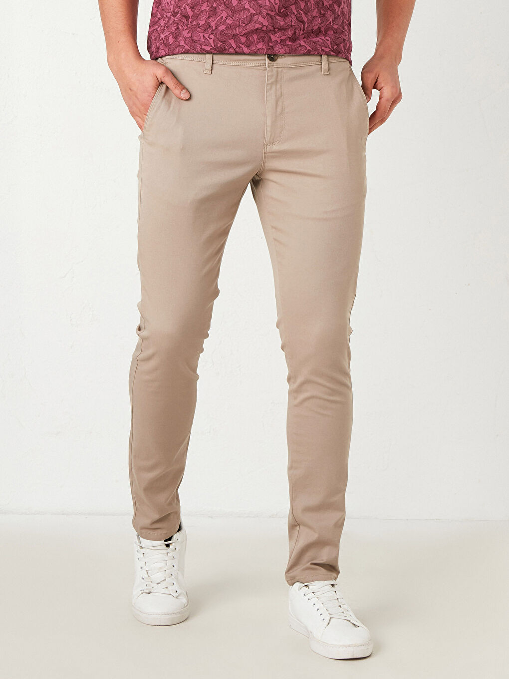 Bej Ekstra Dar Kalıp Gabardin Chino Pantolon-1