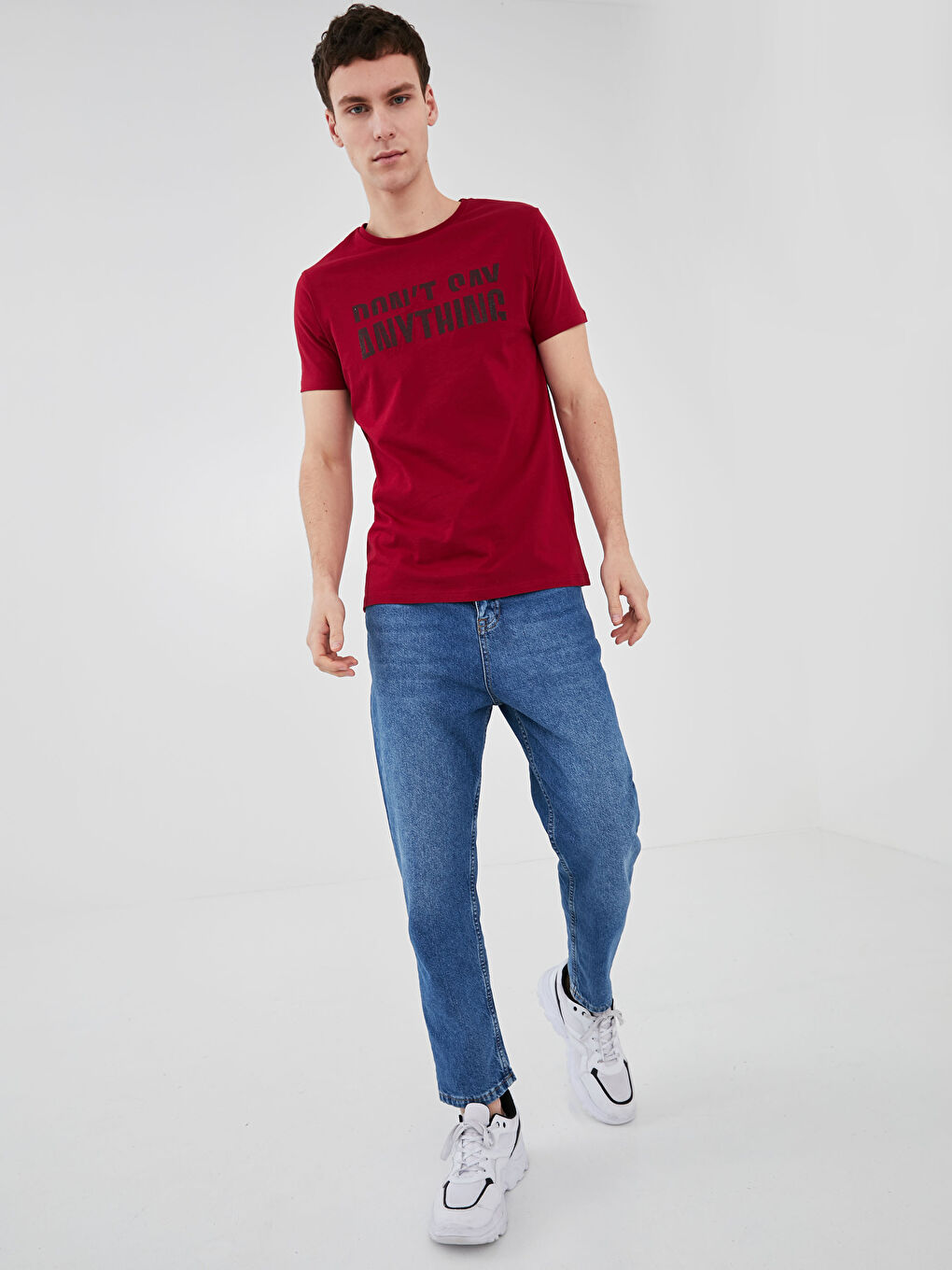 Bordo Bisiklet Yaka Kısa Kollu Baskılı Penye Erkek Tişört-1