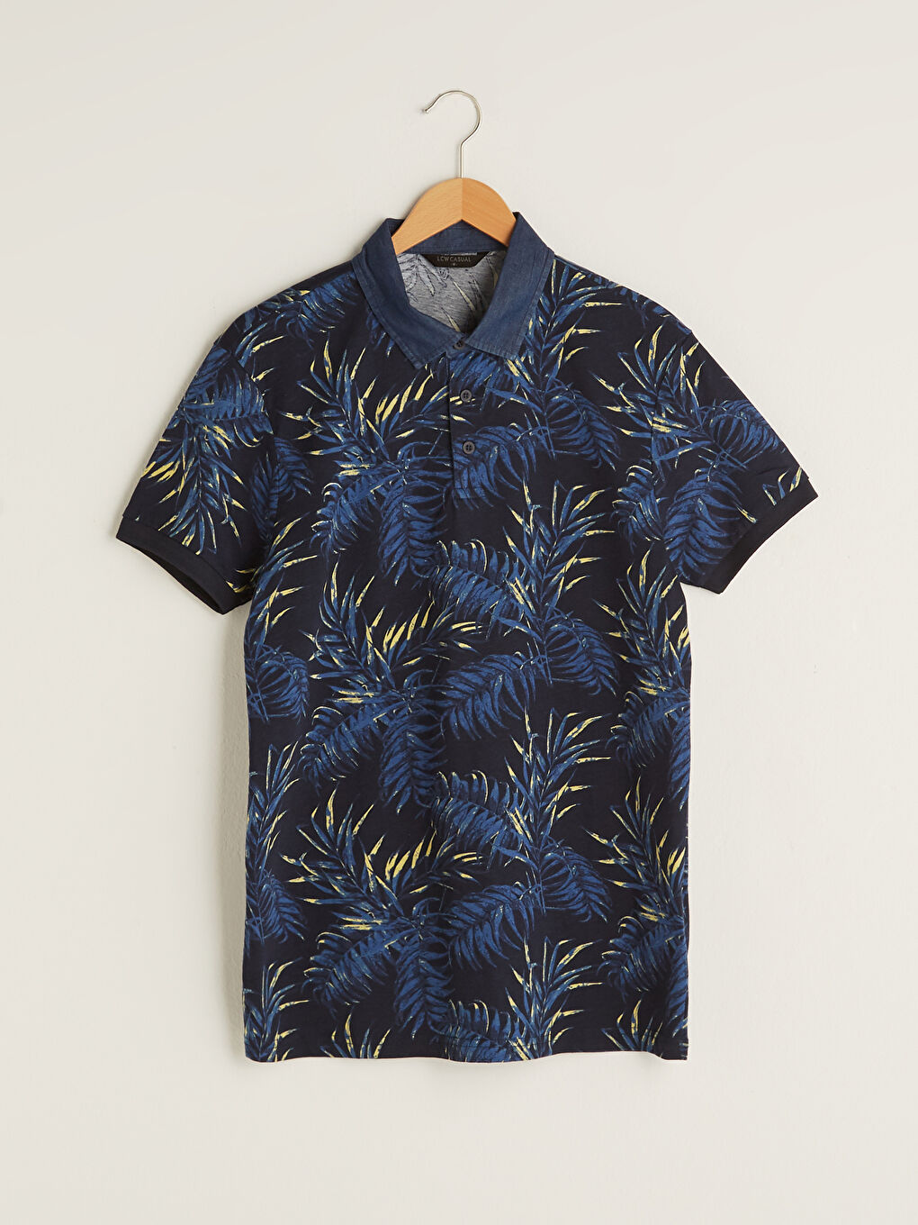 Lacivert Polo Yaka Kısa Kollu Desenli Penye Erkek Tişört-5