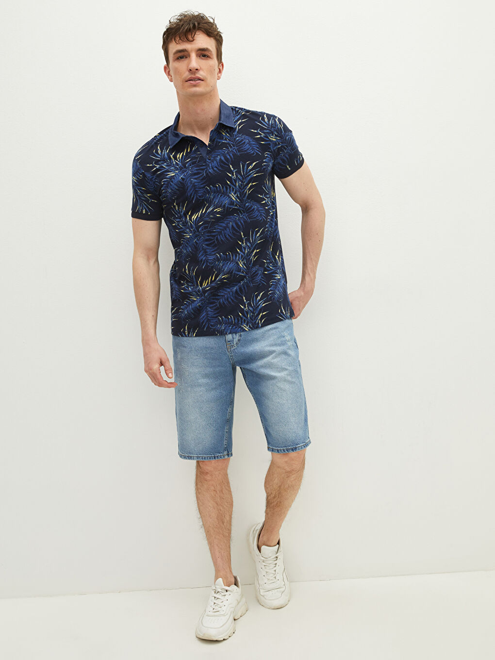 Lacivert Polo Yaka Kısa Kollu Desenli Penye Erkek Tişört-1