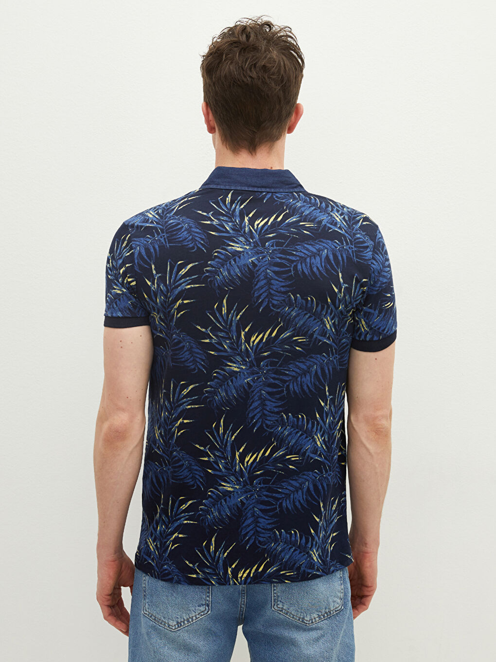 Lacivert Polo Yaka Kısa Kollu Desenli Penye Erkek Tişört-3