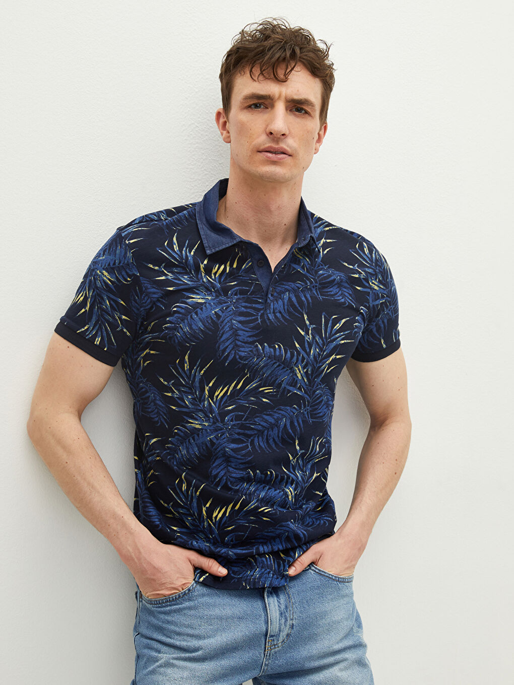 Lacivert Polo Yaka Kısa Kollu Desenli Penye Erkek Tişört-4