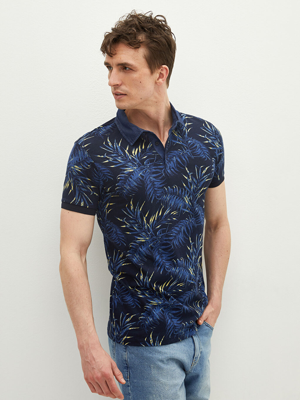 Lacivert Polo Yaka Kısa Kollu Desenli Penye Erkek Tişört
