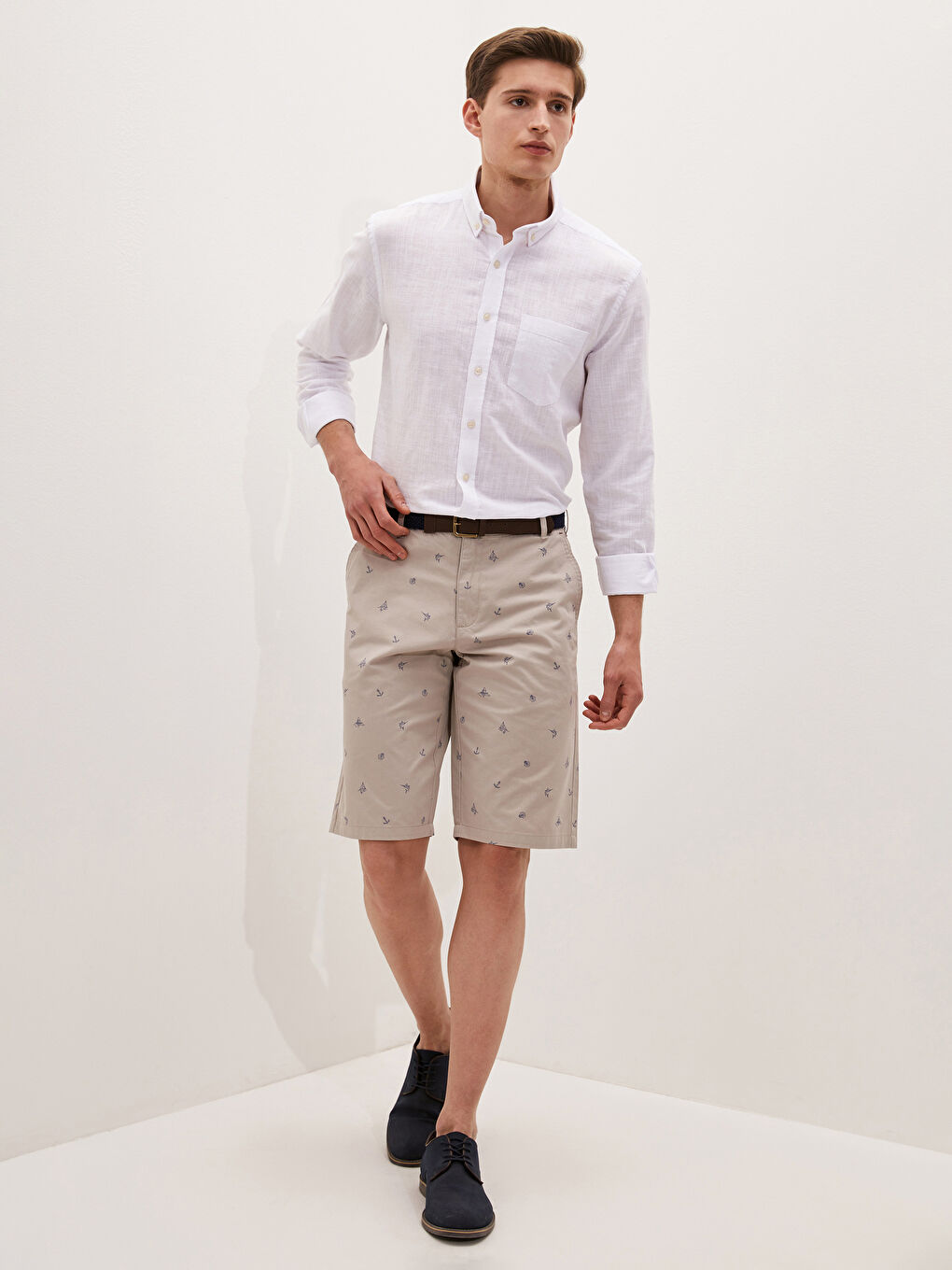 Standard Fit Belted Gabardine Men's Shorts-1