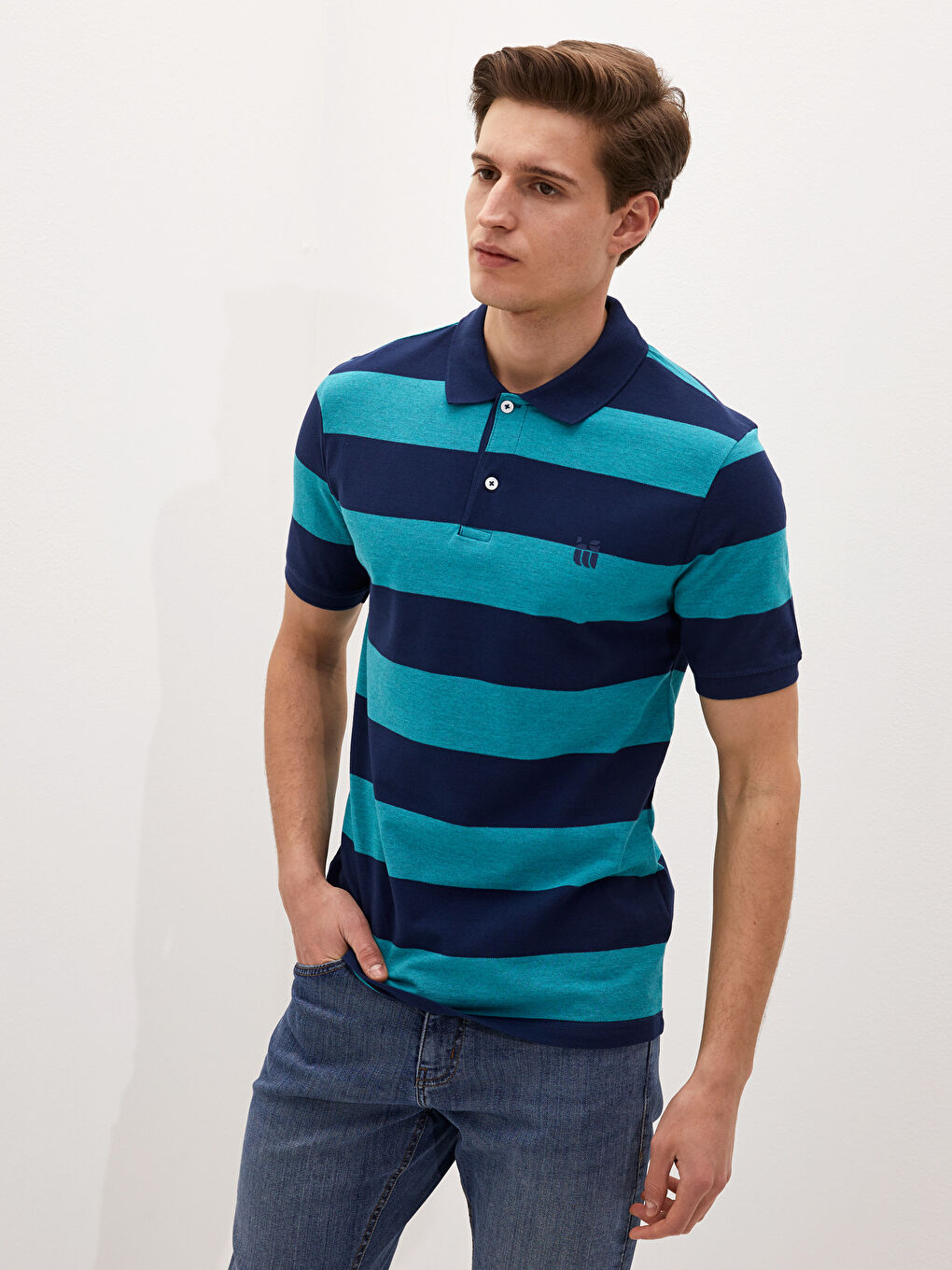 Yeşil Polo Yaka Kısa Kollu Çizgili Erkek Tişört