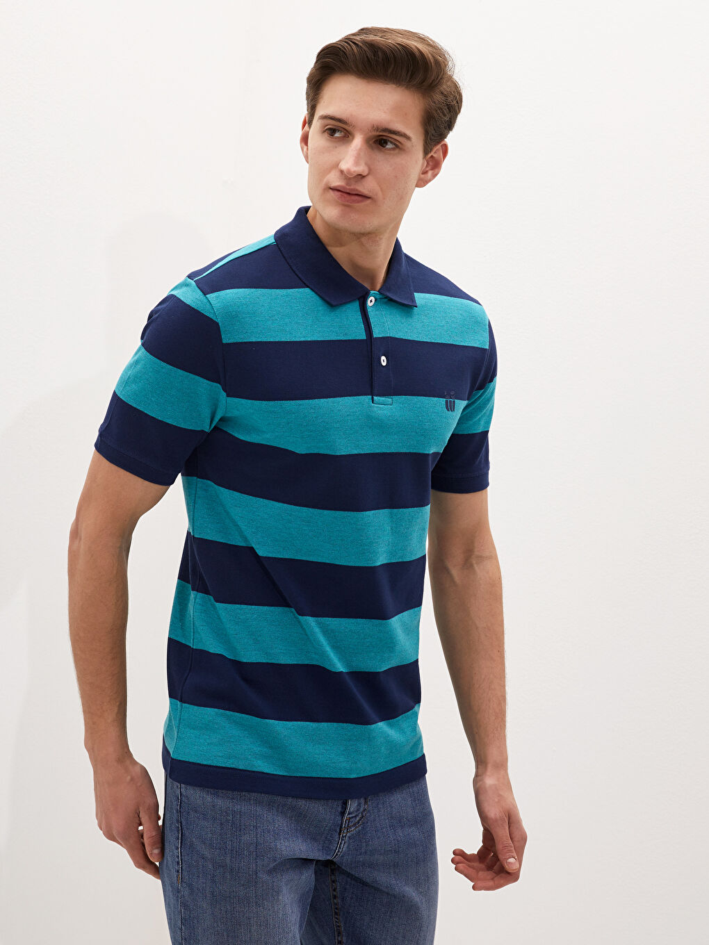 Yeşil Polo Yaka Kısa Kollu Çizgili Erkek Tişört-1