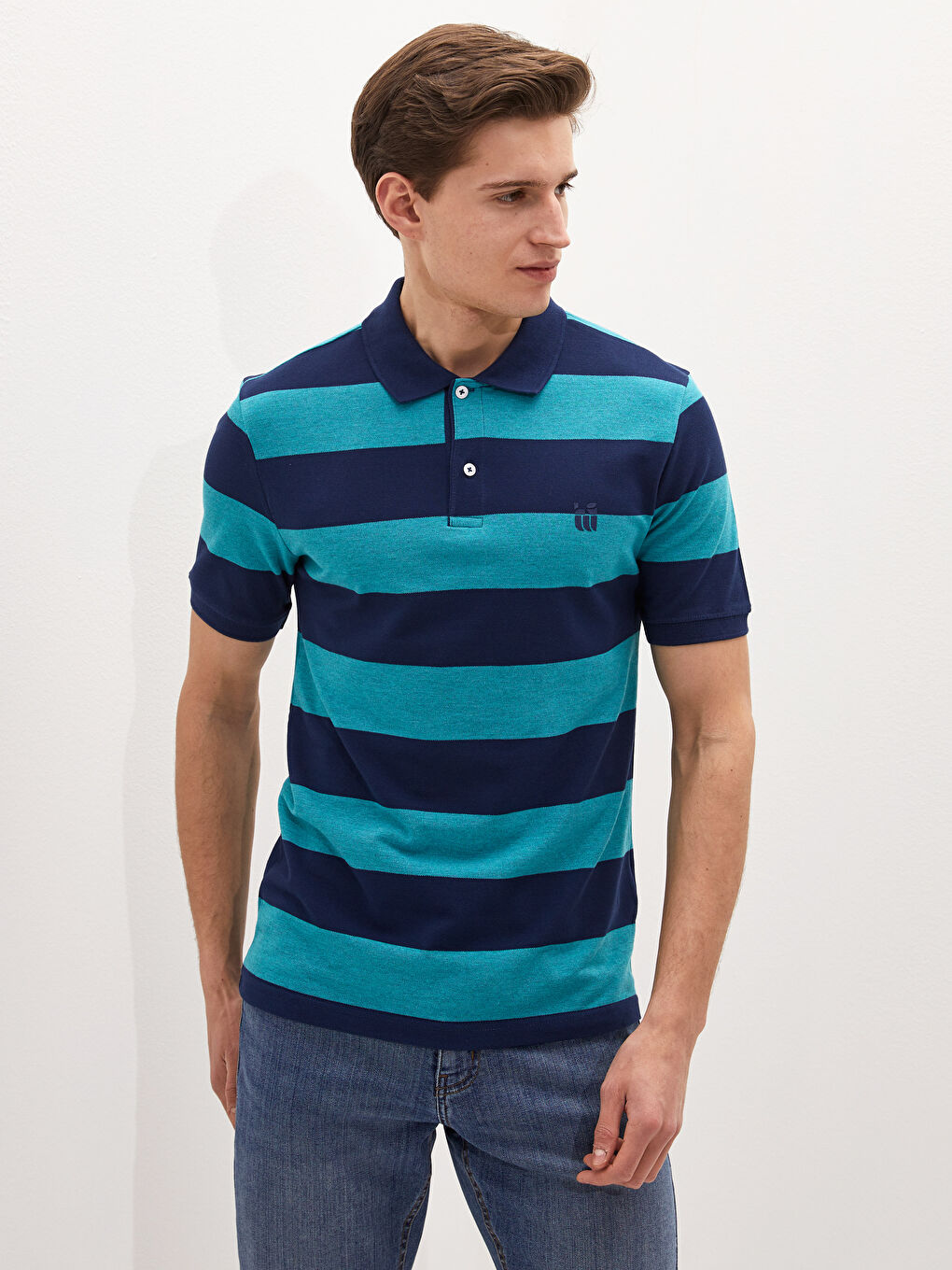 Yeşil Polo Yaka Kısa Kollu Çizgili Erkek Tişört-3