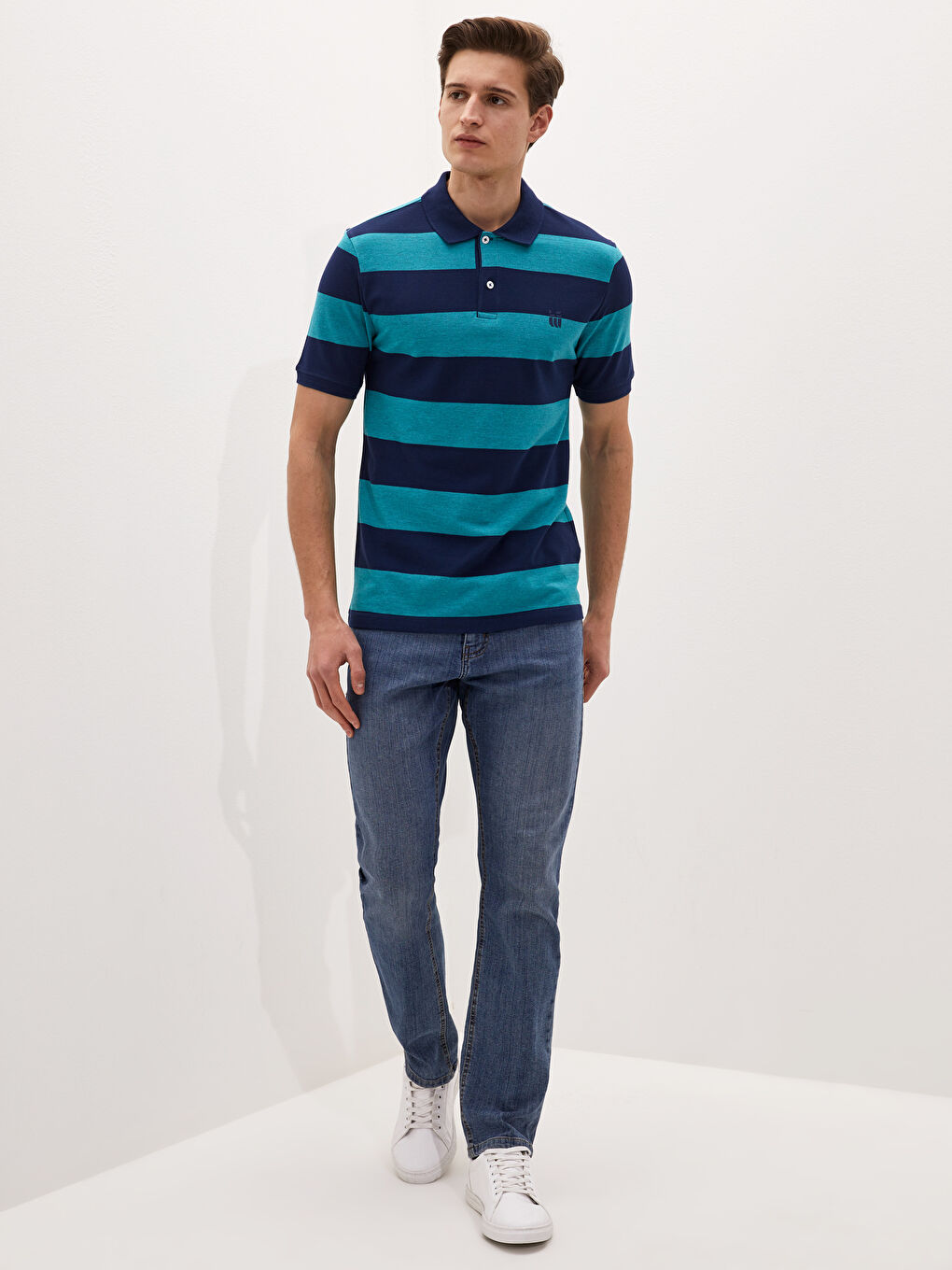 Yeşil Polo Yaka Kısa Kollu Çizgili Erkek Tişört-4