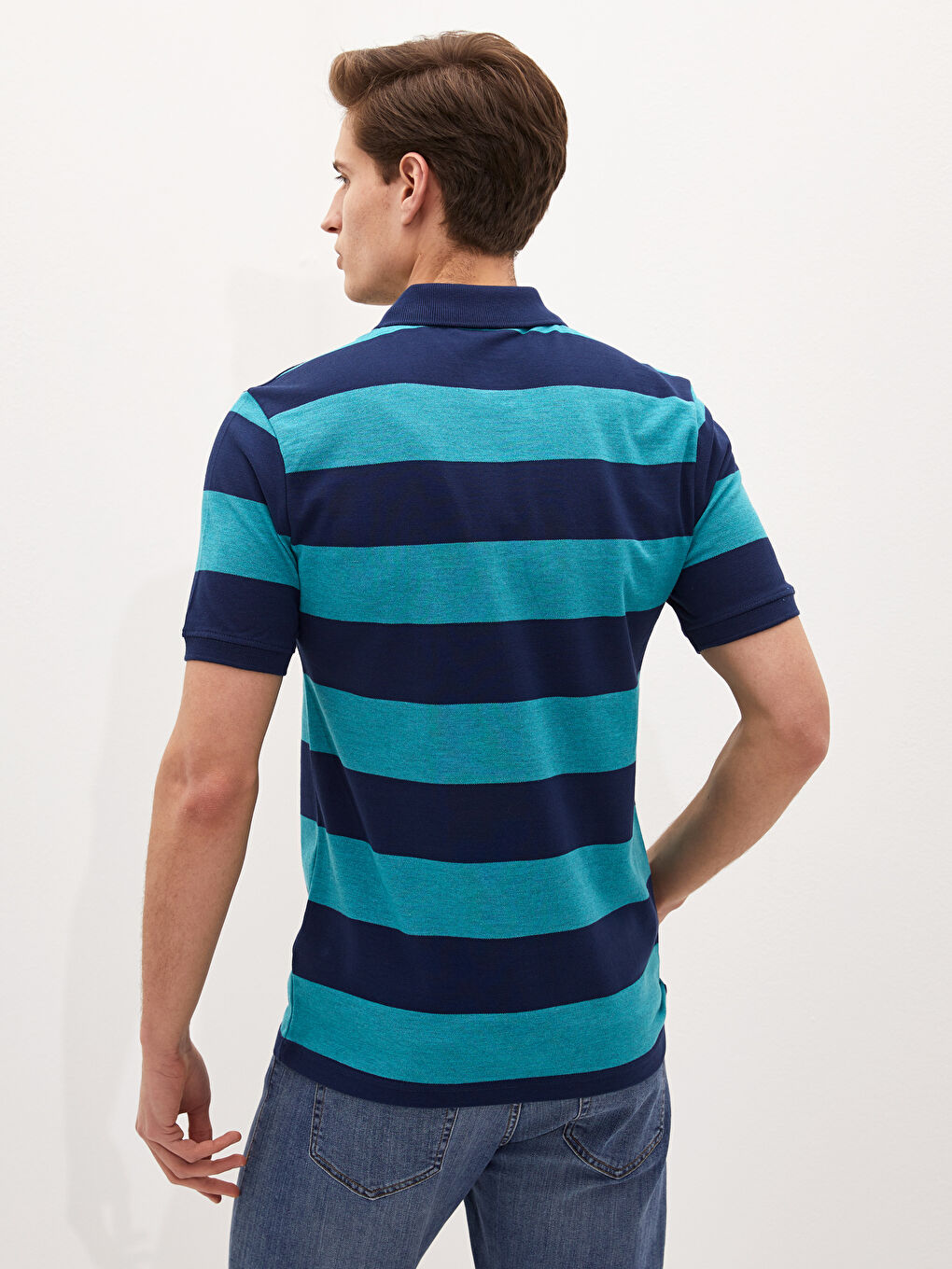 Yeşil Polo Yaka Kısa Kollu Çizgili Erkek Tişört-5