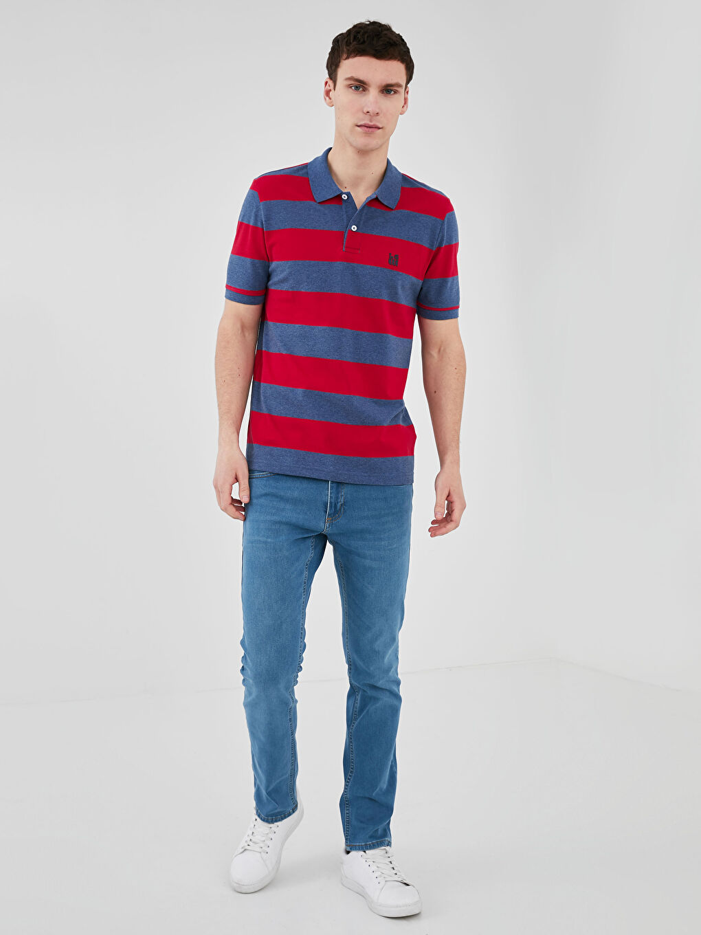 Kırmızı Polo Yaka Kısa Kollu Çizgili Erkek Tişört-1
