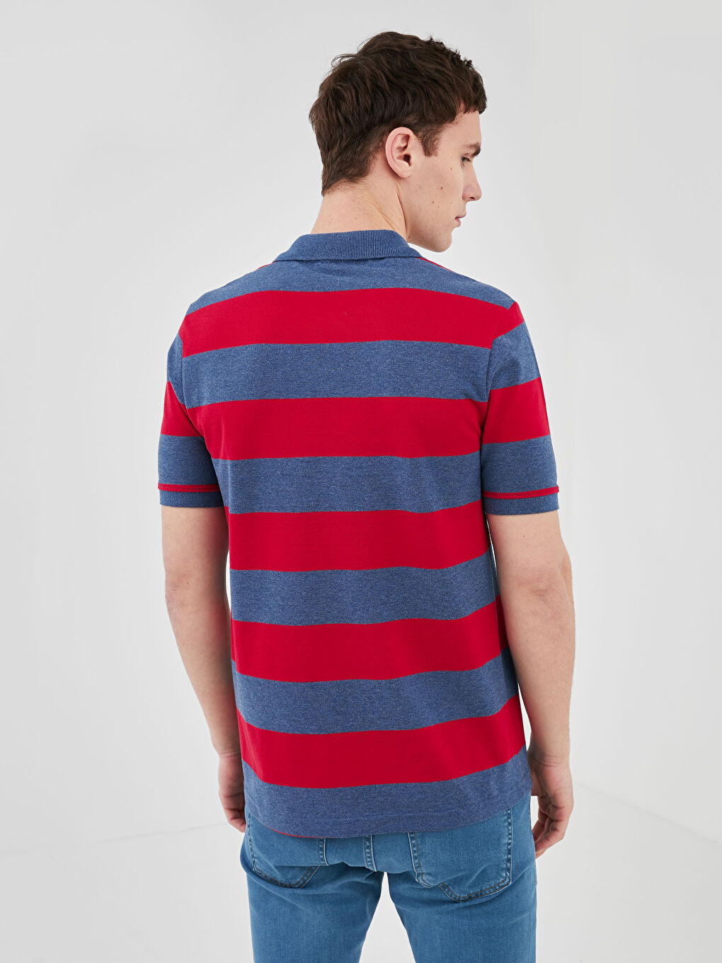 Kırmızı Polo Yaka Kısa Kollu Çizgili Erkek Tişört-3