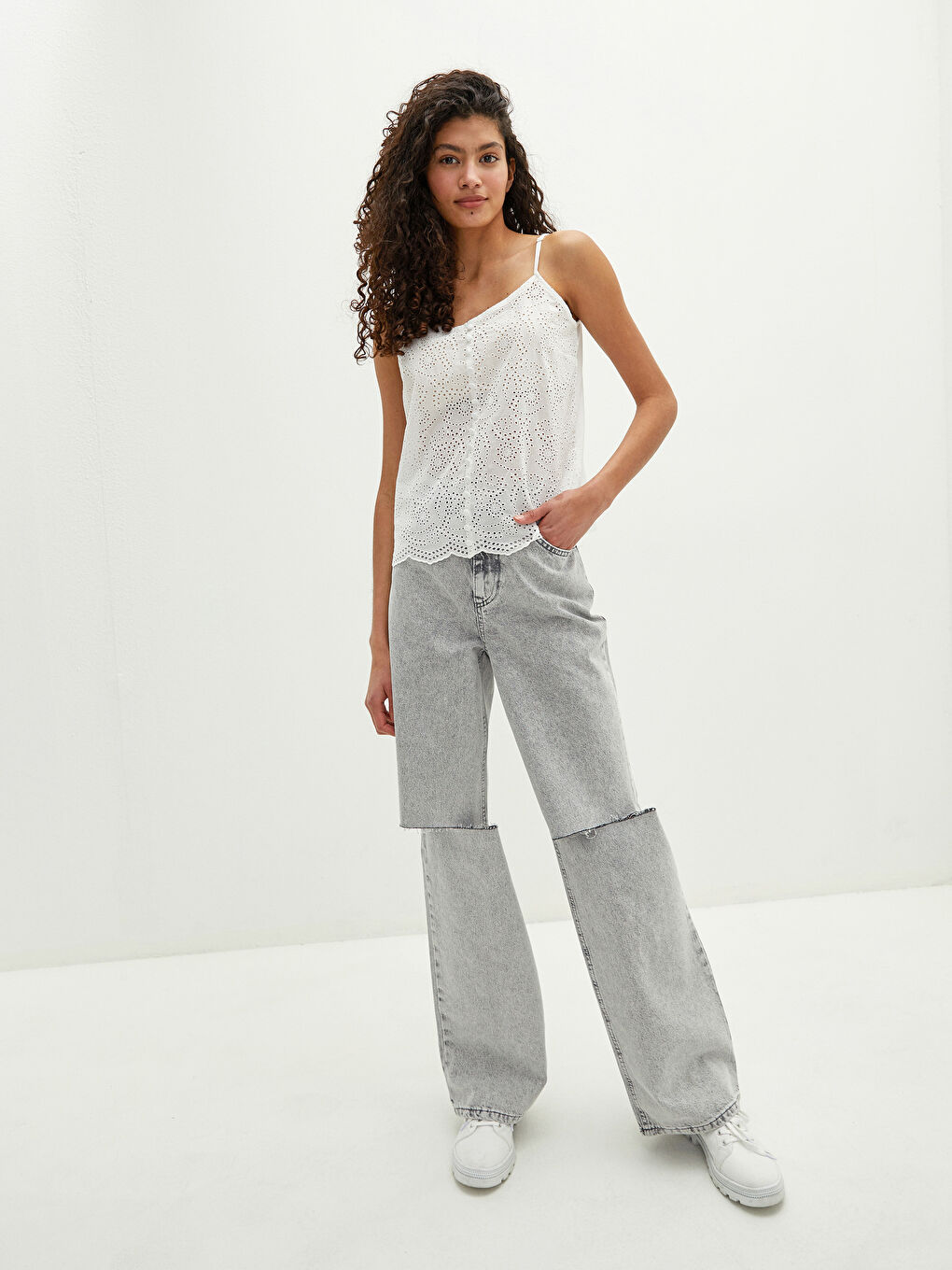 LCW Vision V Neck Rope Strap Embroidered Front Button Voile Fabric Women's Blouse -S13348Z8-FEW