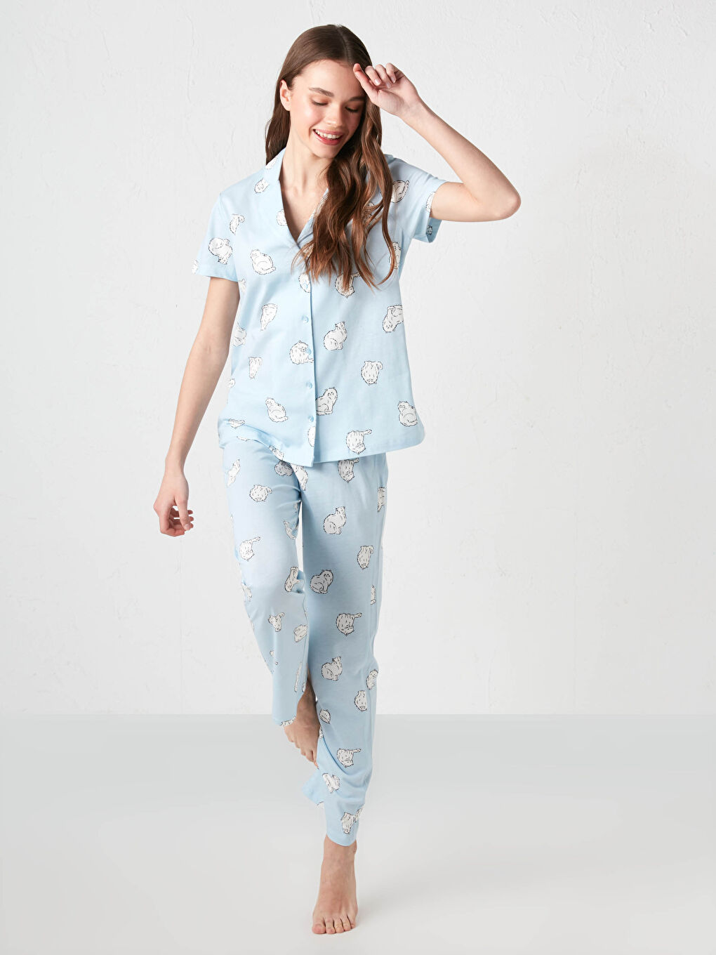 Mavi Gömlek Yaka Baskılı Kısa Kollu Pamuklu Kadın Pijama Takımı-1