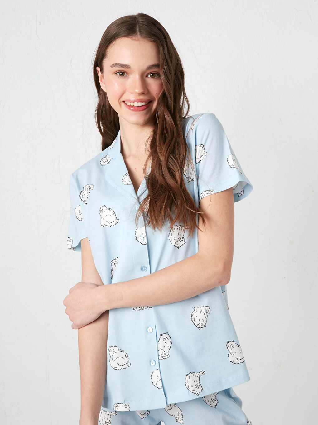 Mavi Gömlek Yaka Baskılı Kısa Kollu Pamuklu Kadın Pijama Takımı-2