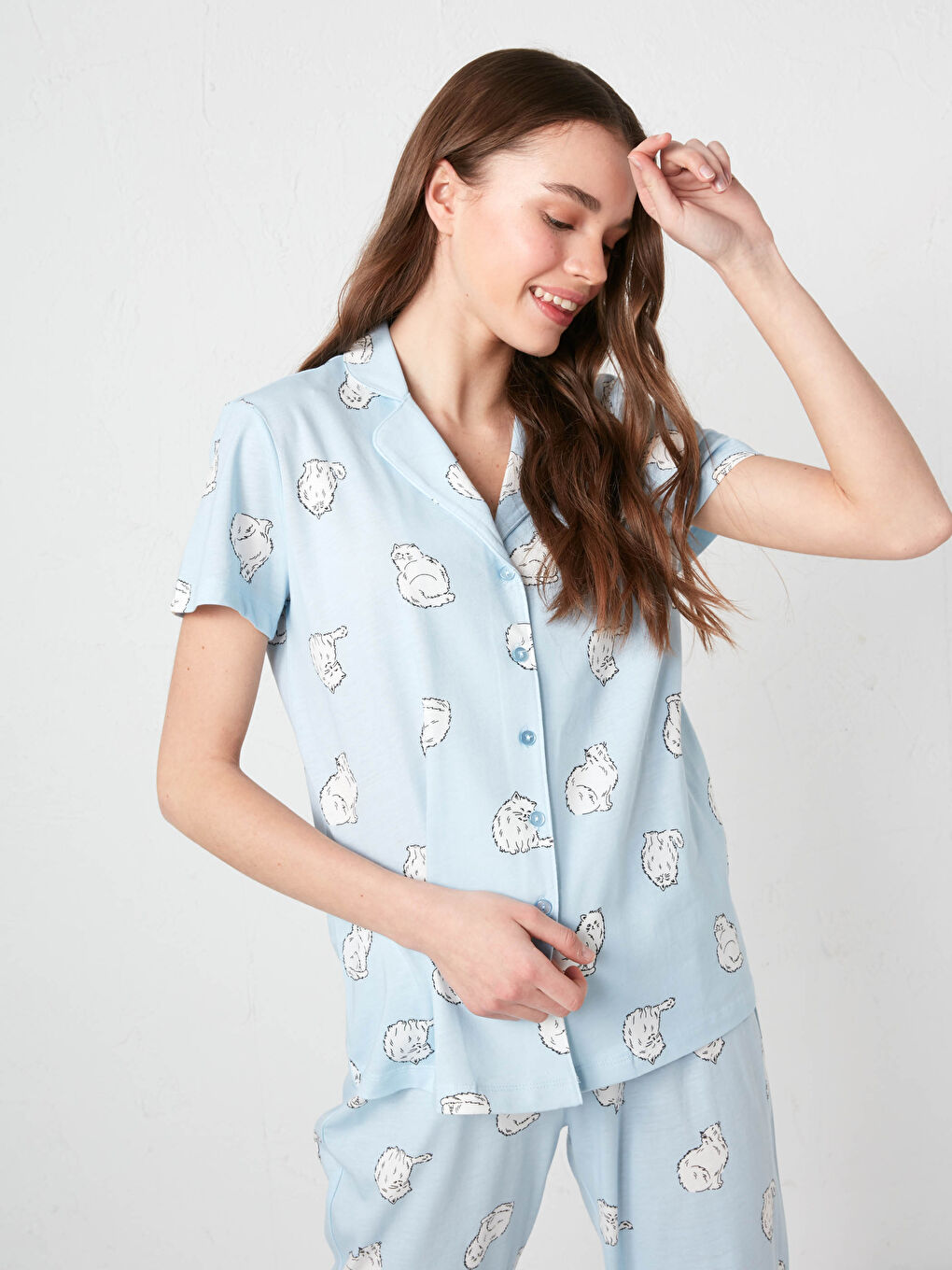 Mavi Gömlek Yaka Baskılı Kısa Kollu Pamuklu Kadın Pijama Takımı-3