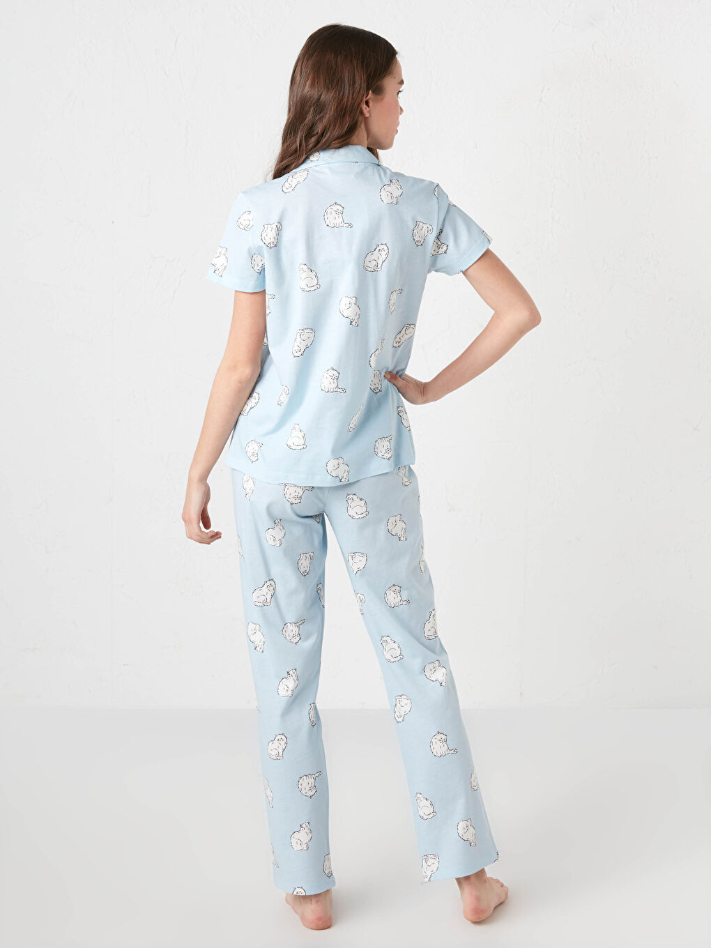 Mavi Gömlek Yaka Baskılı Kısa Kollu Pamuklu Kadın Pijama Takımı-5