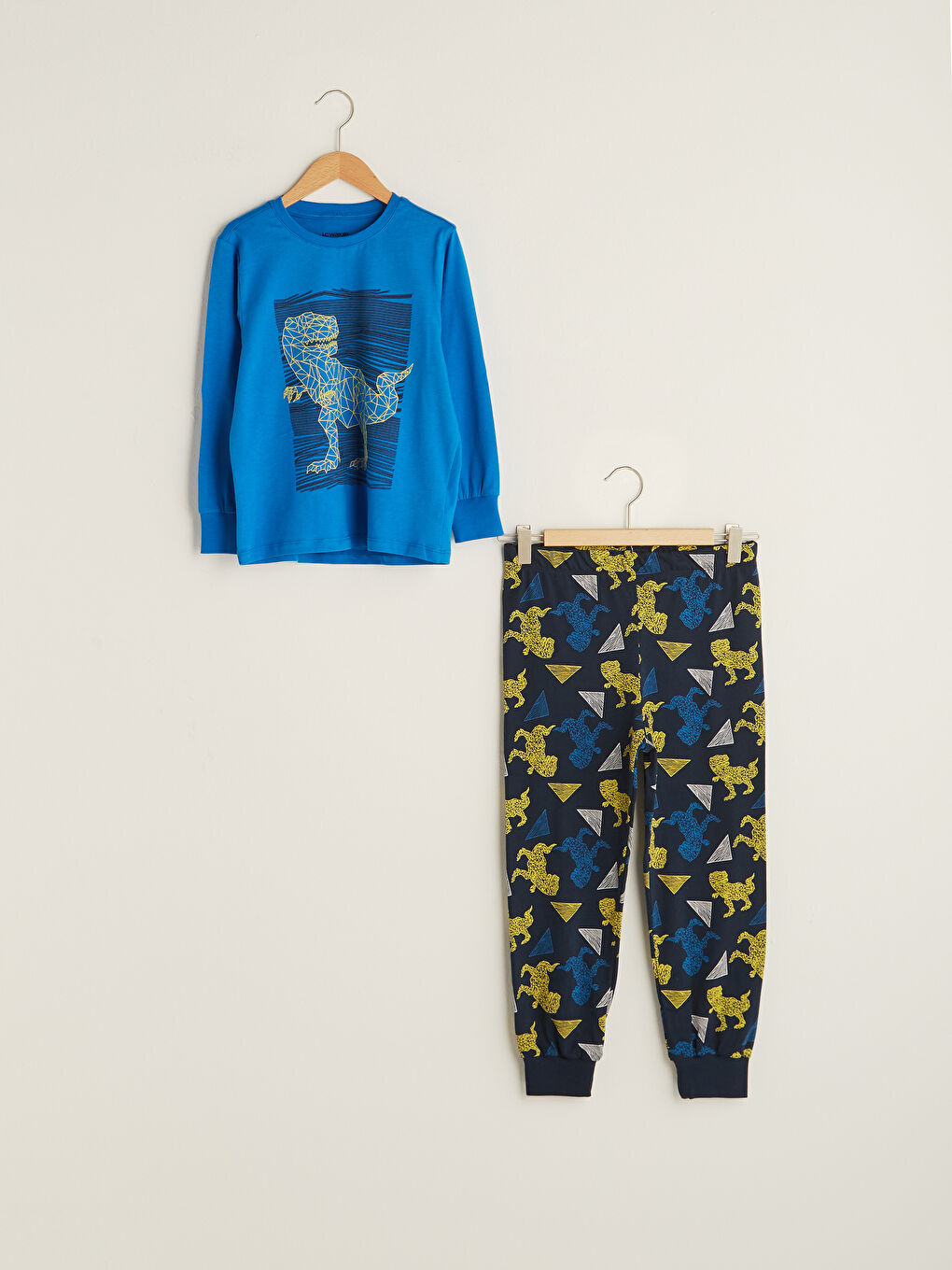 Lacivert Bisiklet Yaka Baskılı Uzun Kollu Erkek Çocuk Pijama Takımı