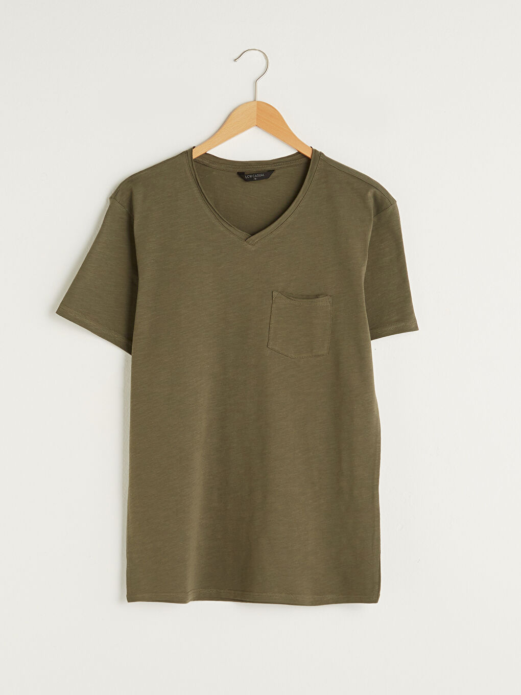Haki V Yaka Kısa Kollu Basic Pamuklu Erkek Tişört-5
