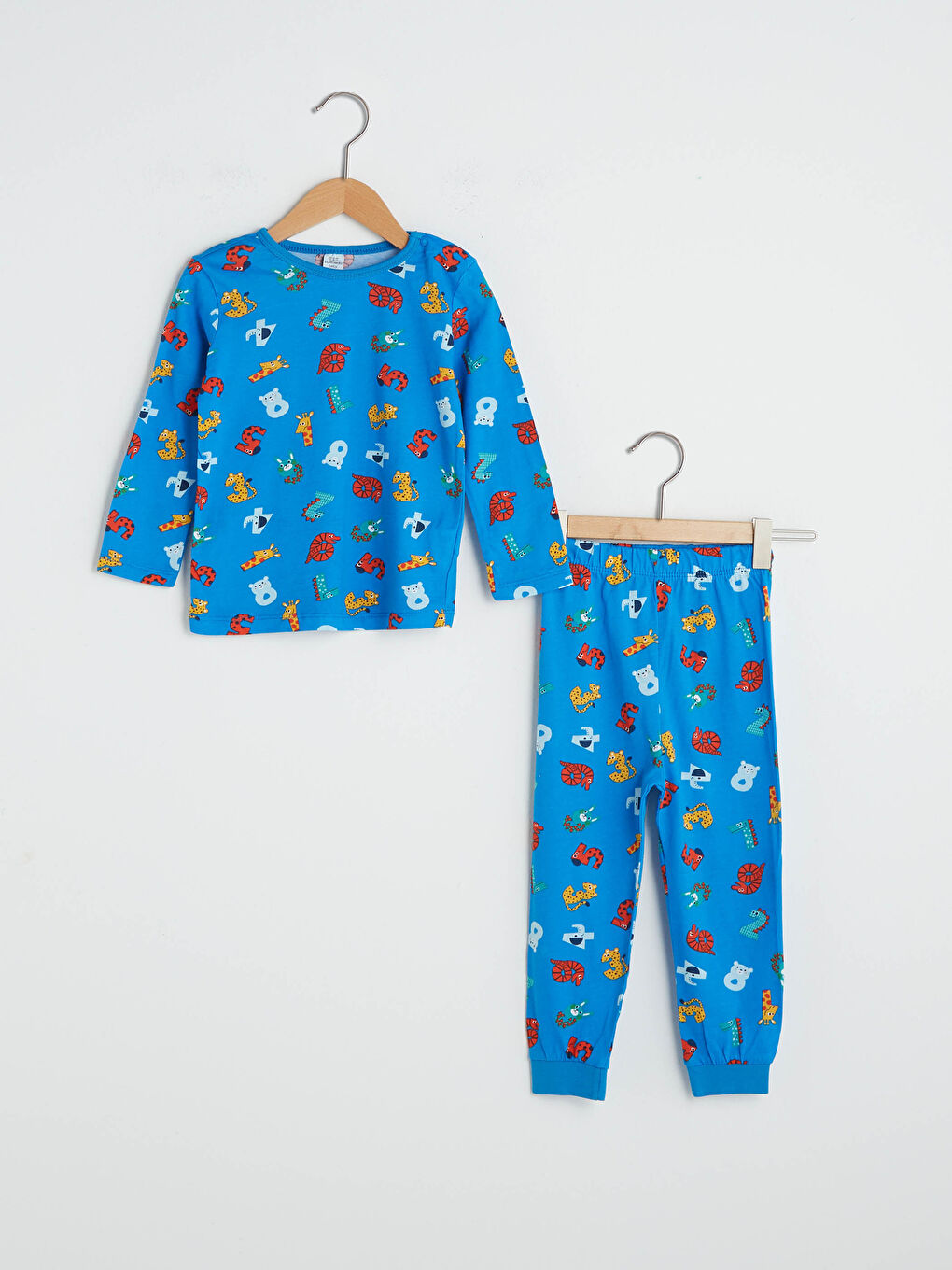 Mavi Bisiklet Yaka Uzun Kol Baskılı Pamuklu Erkek Bebek Pijama Takımı