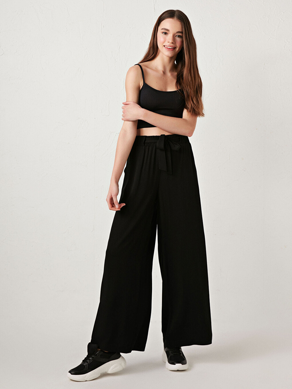 Elastic Waist Tied Detailed Viscose Women Trousers-1