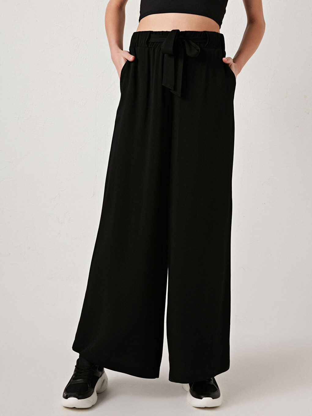 Elastic Waist Tied Detailed Viscose Women Trousers-3