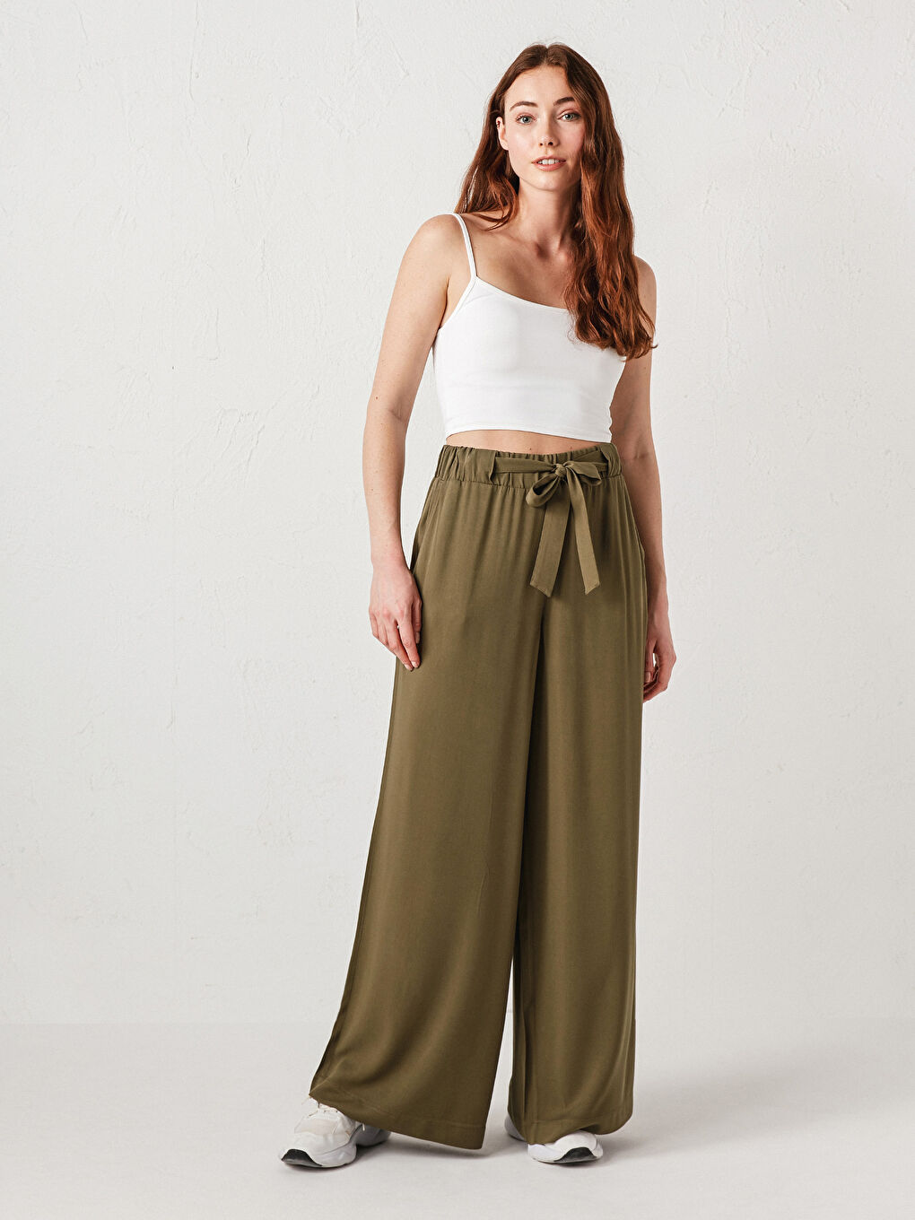 Брюки из вискозы с эластичной талией и завязками для женщин-1