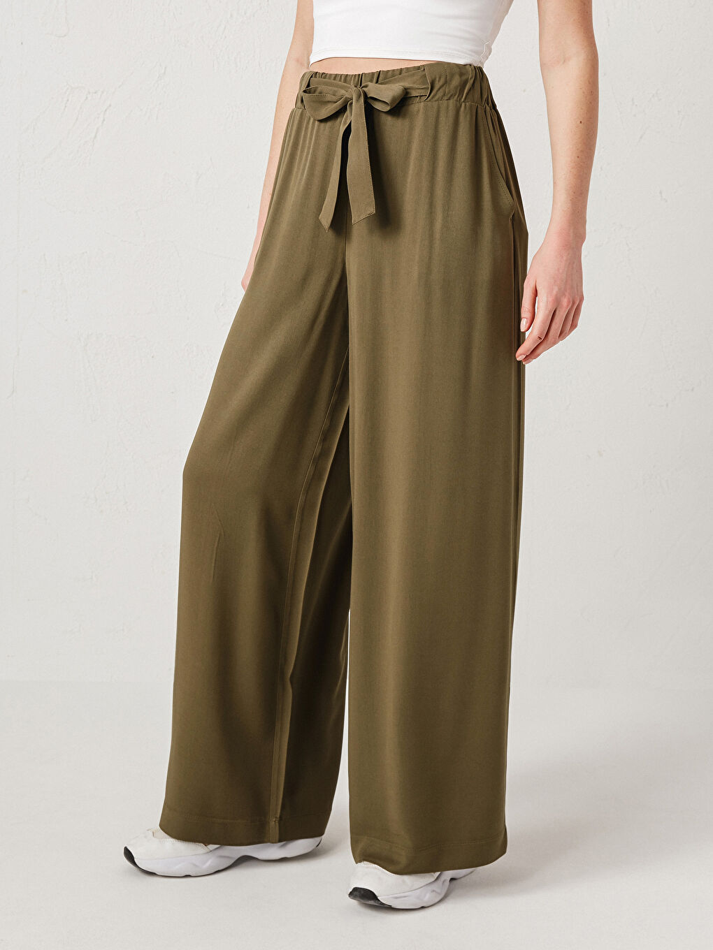 Брюки из вискозы с эластичной талией и завязками для женщин-3