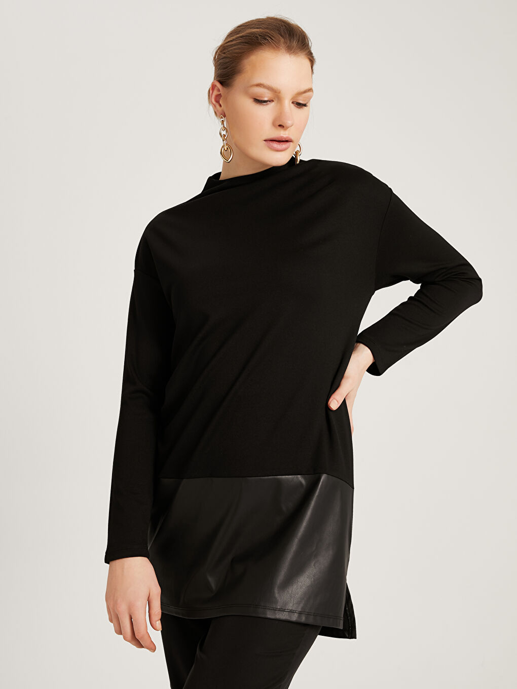 Mock Turtleneck Long Plain Tunic-4
