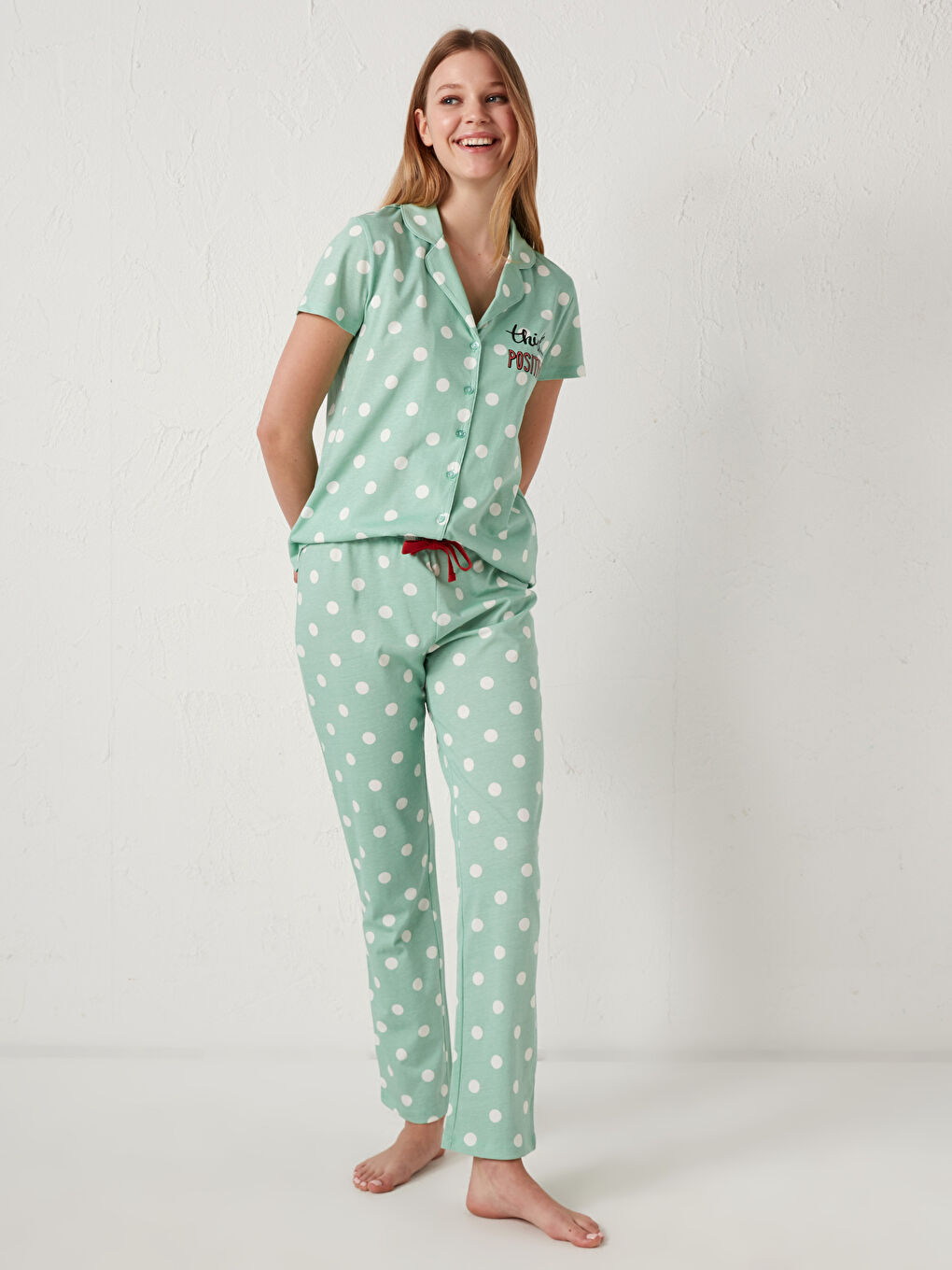 Yeşil Gömlek Yaka Pamuklu Pijama Takımı