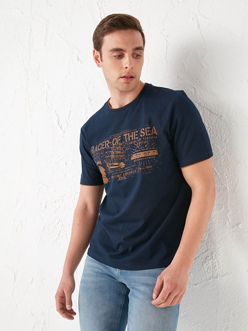 Lacivert Bisiklet Yaka Kısa Kollu Baskılı Penye Erkek Tişört