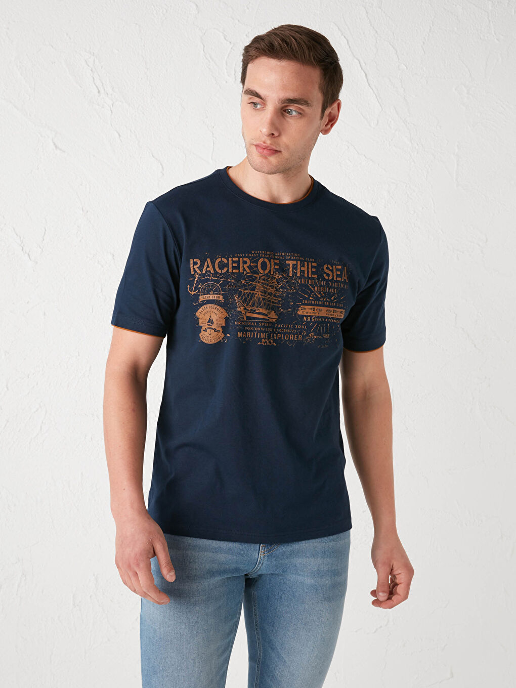 Lacivert Bisiklet Yaka Kısa Kollu Baskılı Penye Erkek Tişört-1