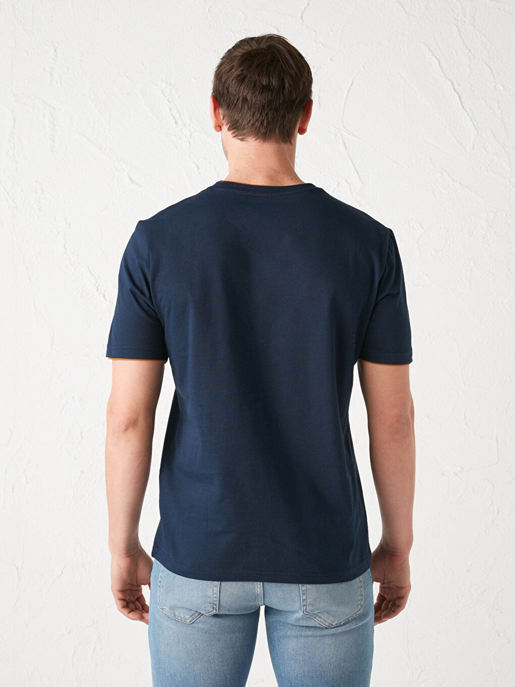 Lacivert Bisiklet Yaka Kısa Kollu Baskılı Penye Erkek Tişört-4
