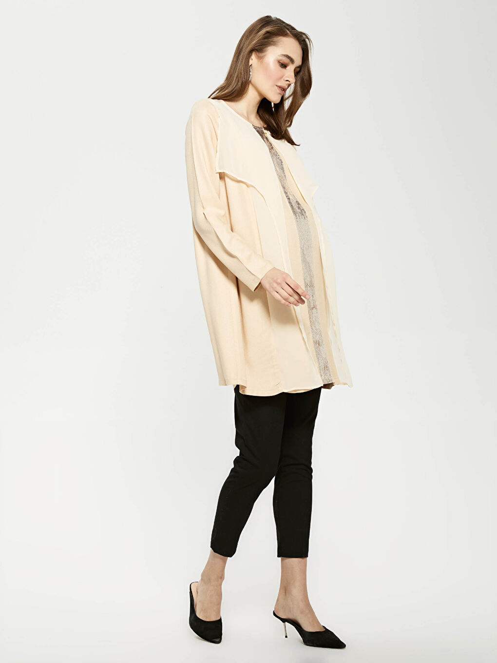 سترة حمل كم طويل شيفون ياقة دائرية بنقشة ترتر-2