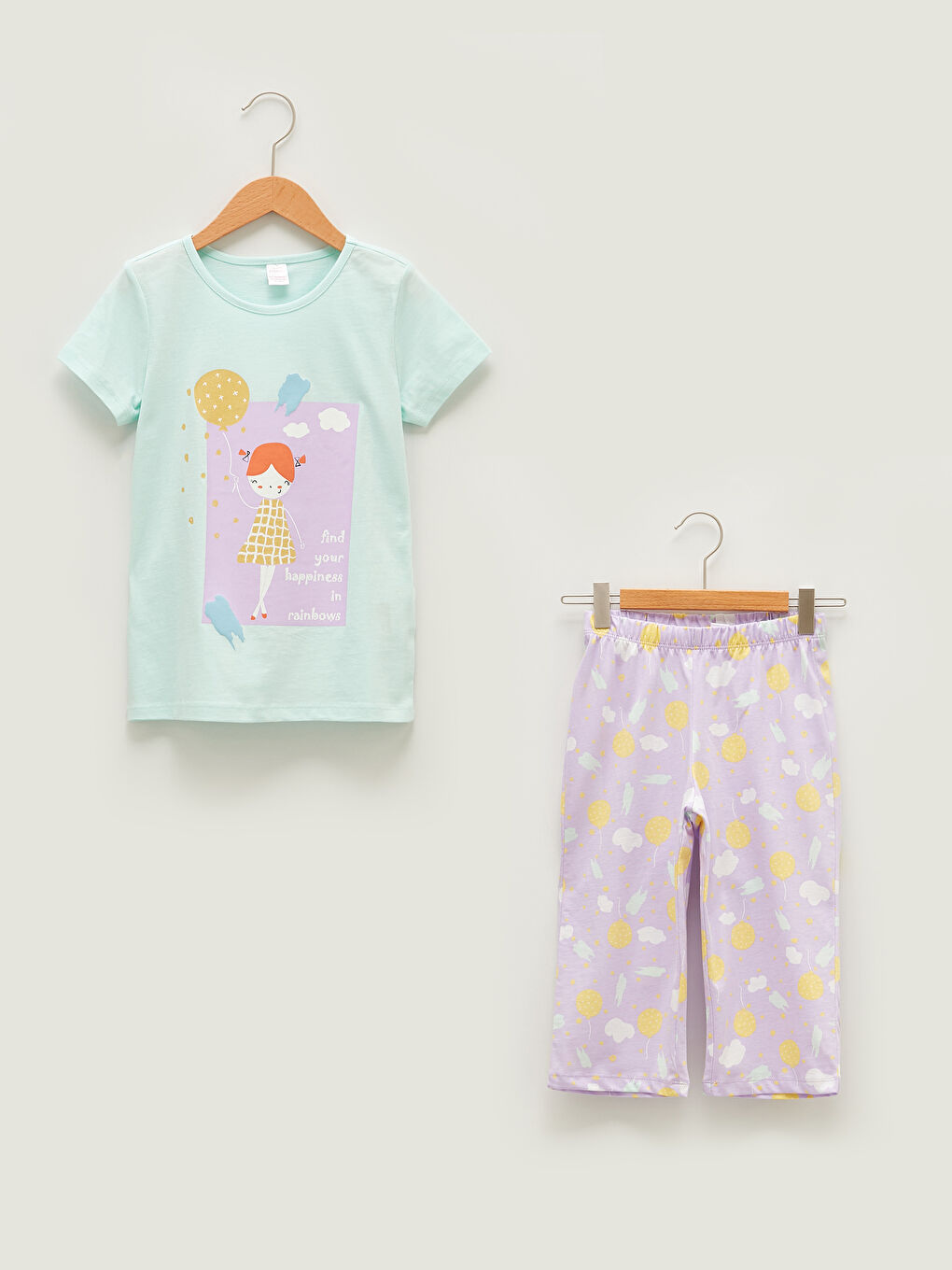 Crew Neck Printed Short Sleeve Cotton Girls Pajamas Set