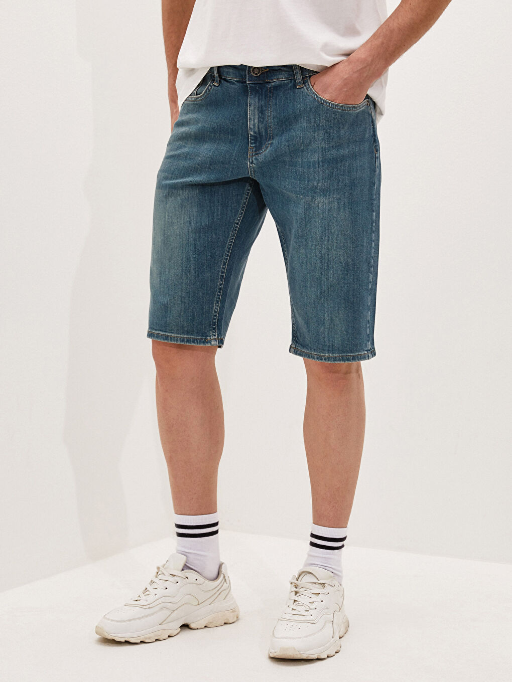 Yeşil Standart Kalıp Erkek Jean Şort-2