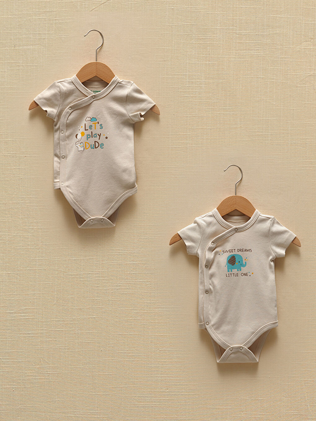 Bej Bisiklet Yaka Kısa Kollu Baskılı Erkek Bebek Çıtçıtlı Bodysuit 2'li