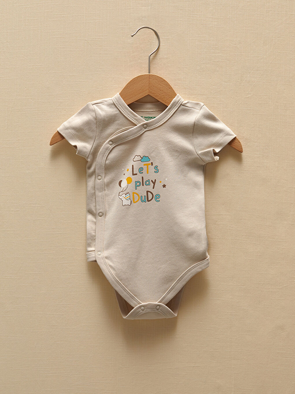 Bej Bisiklet Yaka Kısa Kollu Baskılı Erkek Bebek Çıtçıtlı Bodysuit 2'li-1