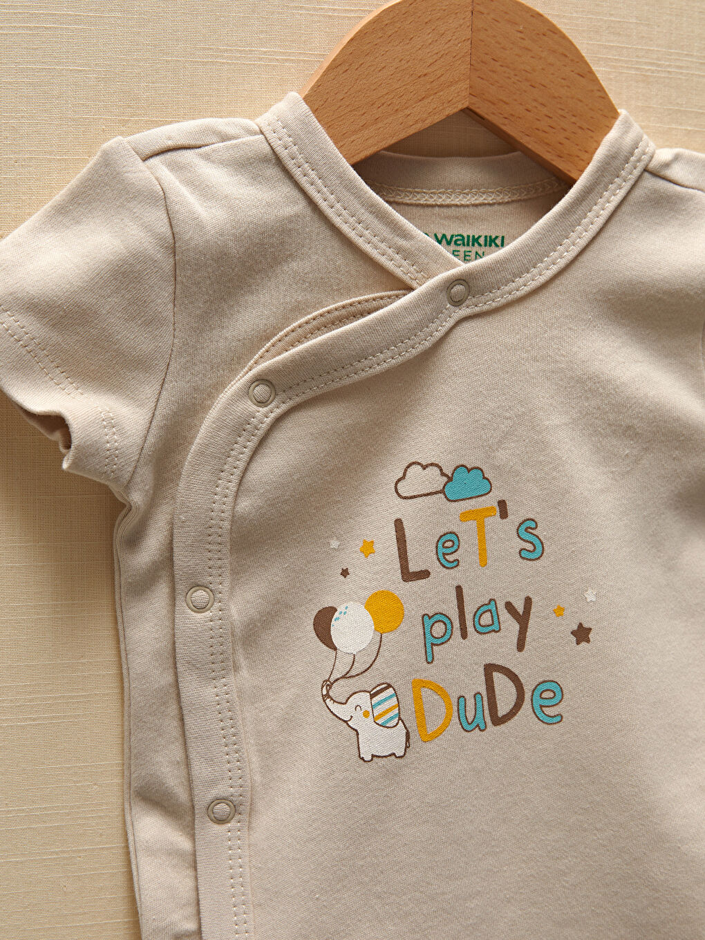 Bej Bisiklet Yaka Kısa Kollu Baskılı Erkek Bebek Çıtçıtlı Bodysuit 2'li-2