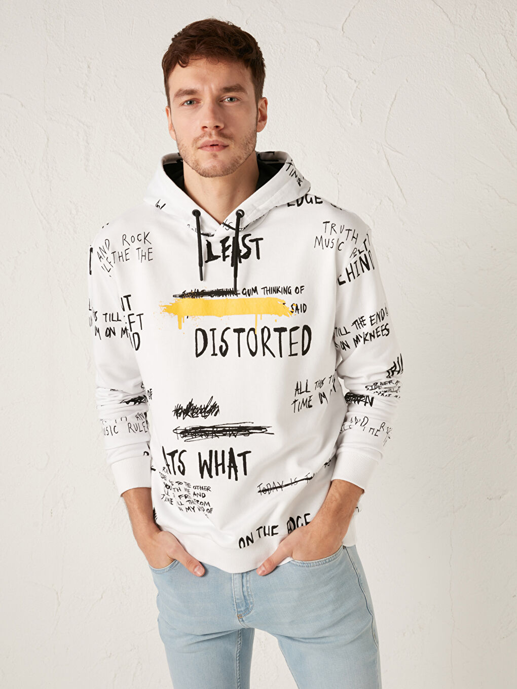 Beyaz Uzun Kollu Baskılı Kalın Erkek Hoodie