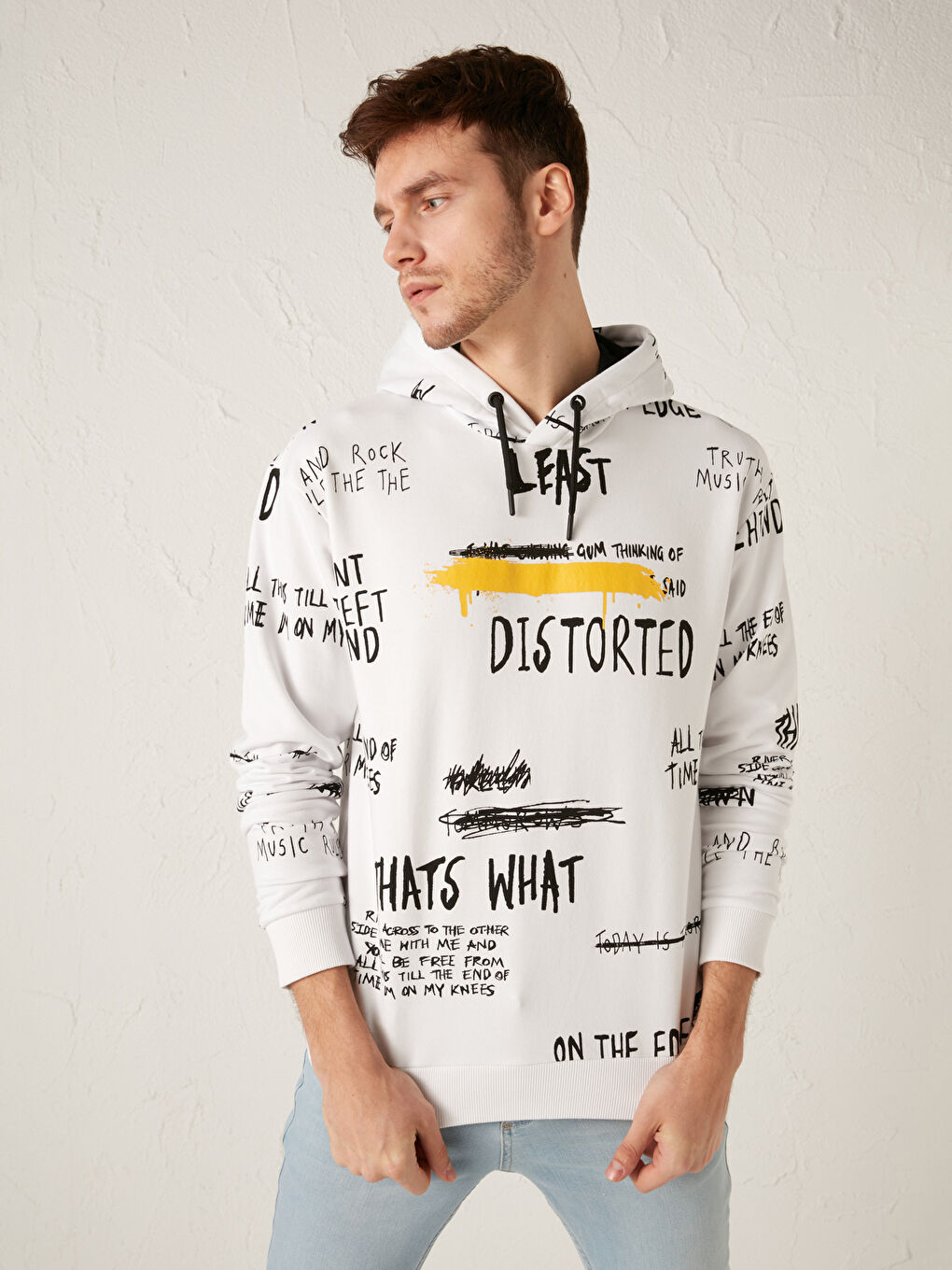 Beyaz Uzun Kollu Baskılı Kalın Erkek Hoodie-1