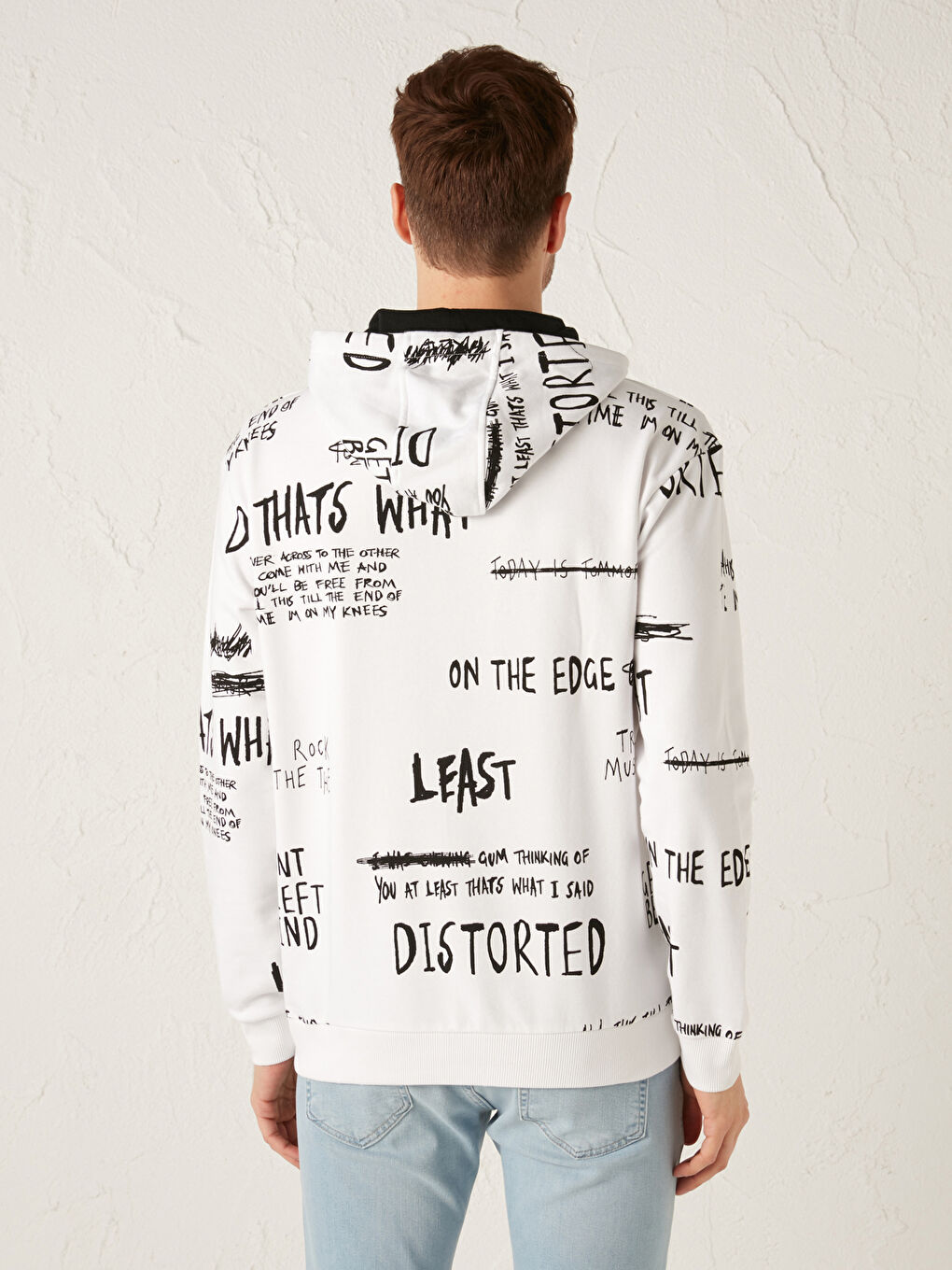 Beyaz Uzun Kollu Baskılı Kalın Erkek Hoodie-4