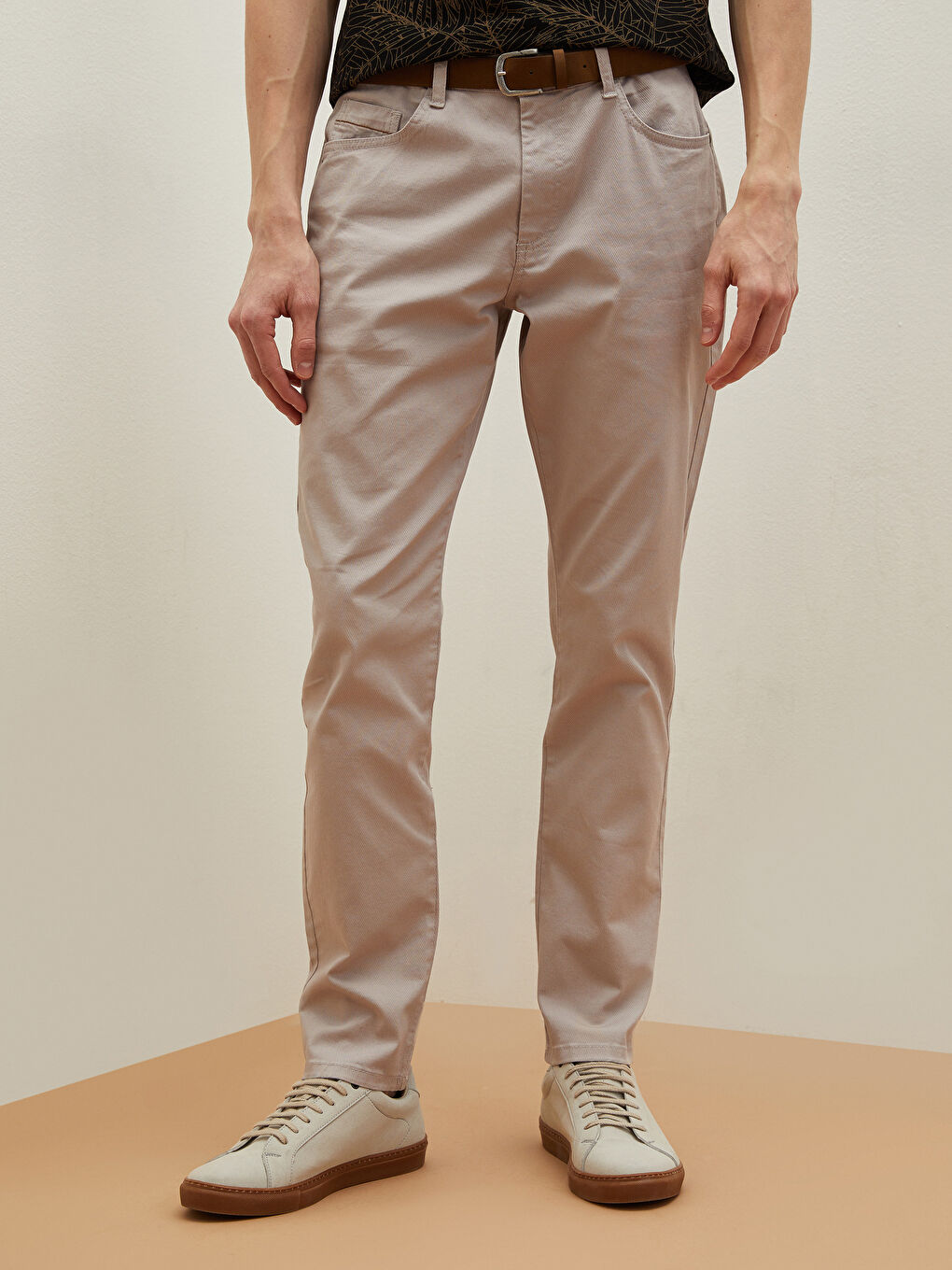 Bej Slim Fit Kemerli Beş Cep Erkek Pantolon-2
