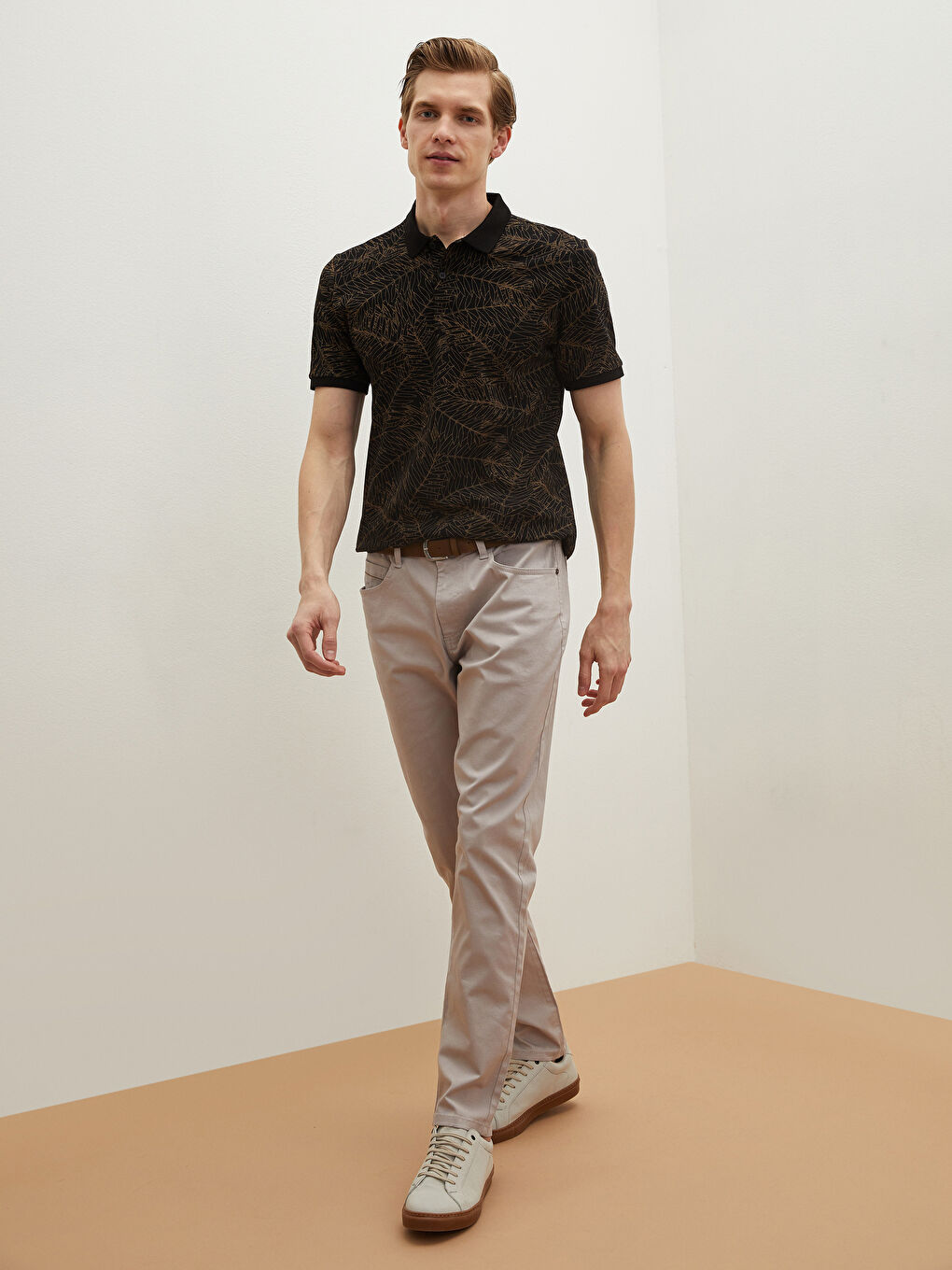 Bej Slim Fit Kemerli Beş Cep Erkek Pantolon