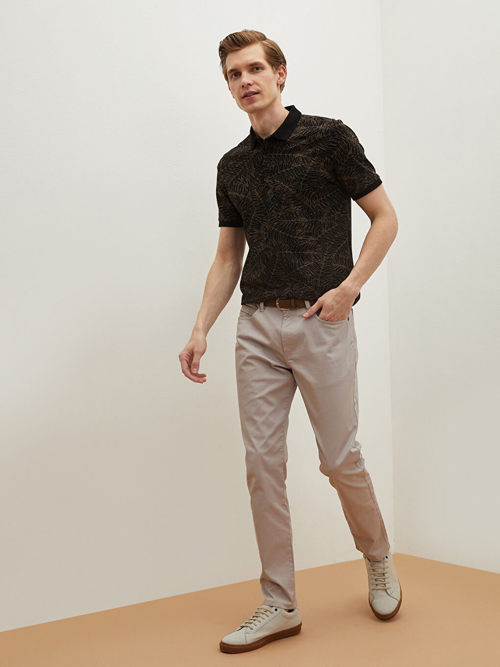 Bej Slim Fit Kemerli Beş Cep Erkek Pantolon-1