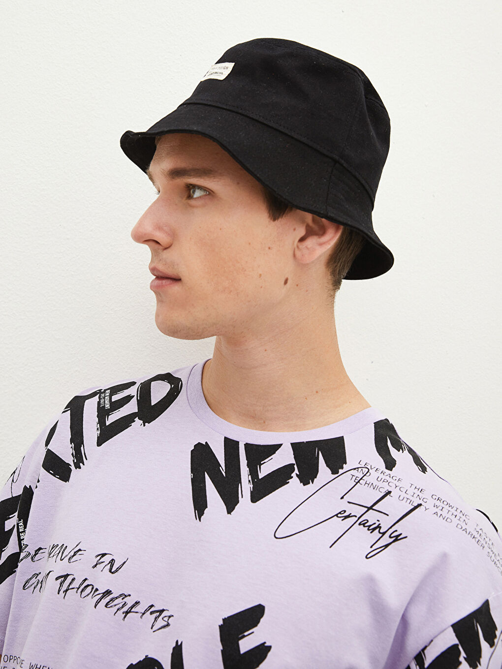 Siyah Etiket Baskılı Erkek Bucket Şapka-2