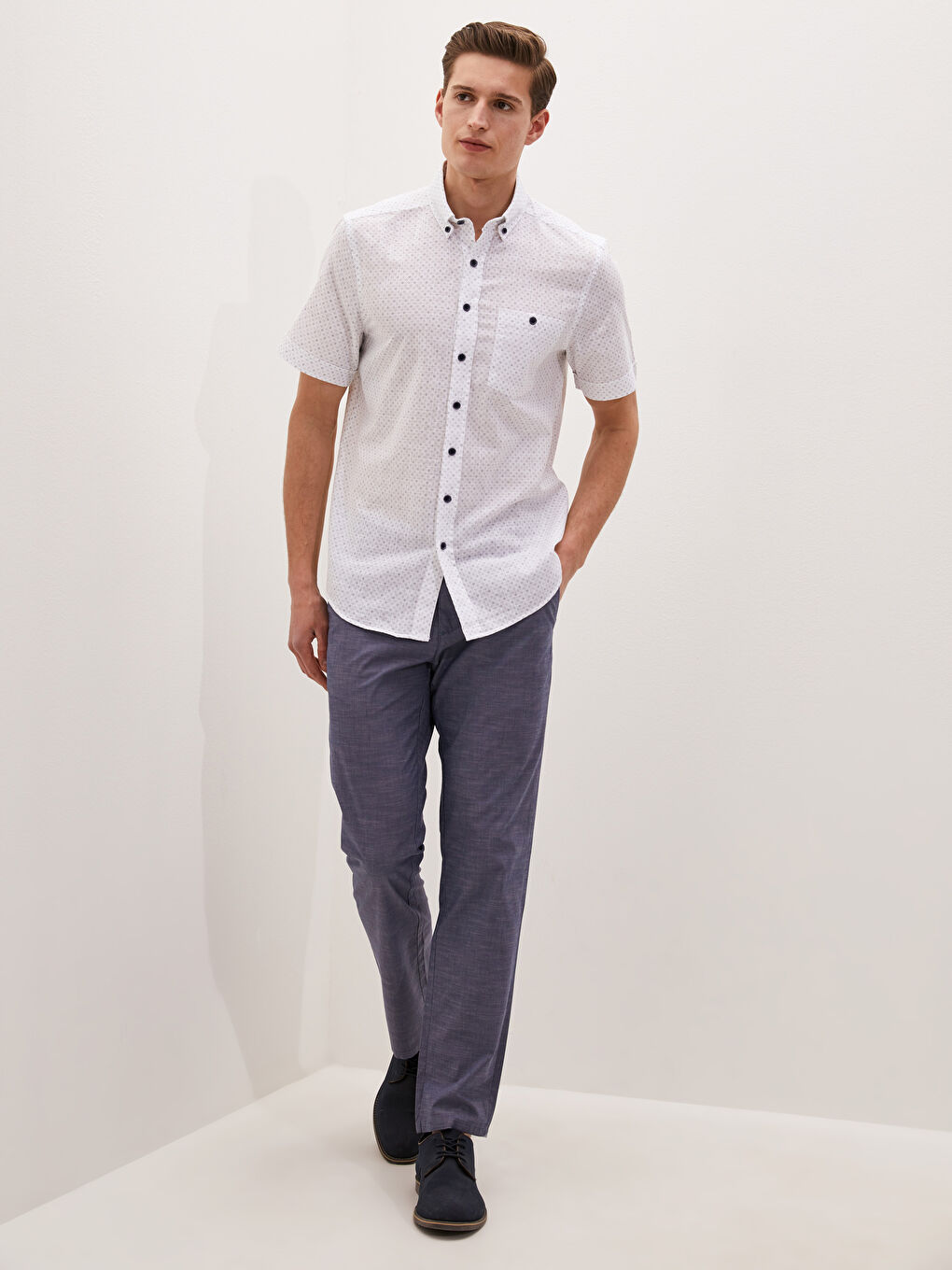 Beyaz Regular Fit Kısa Kollu Poplin Erkek Gömlek-2