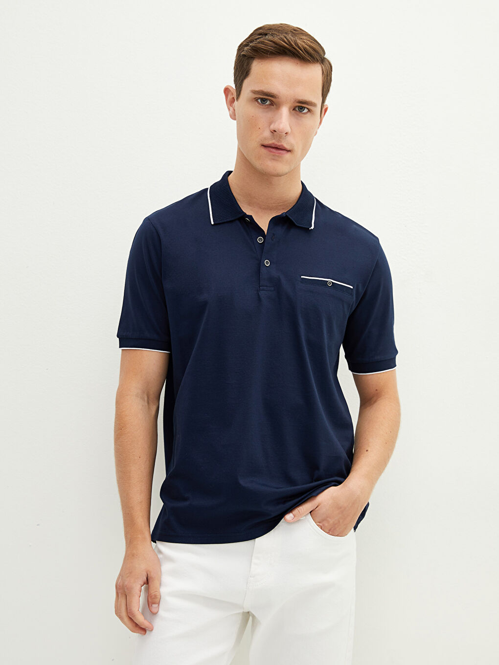 Lacivert Merserize Polo Yaka Kısa Kollu Erkek Tişört-4